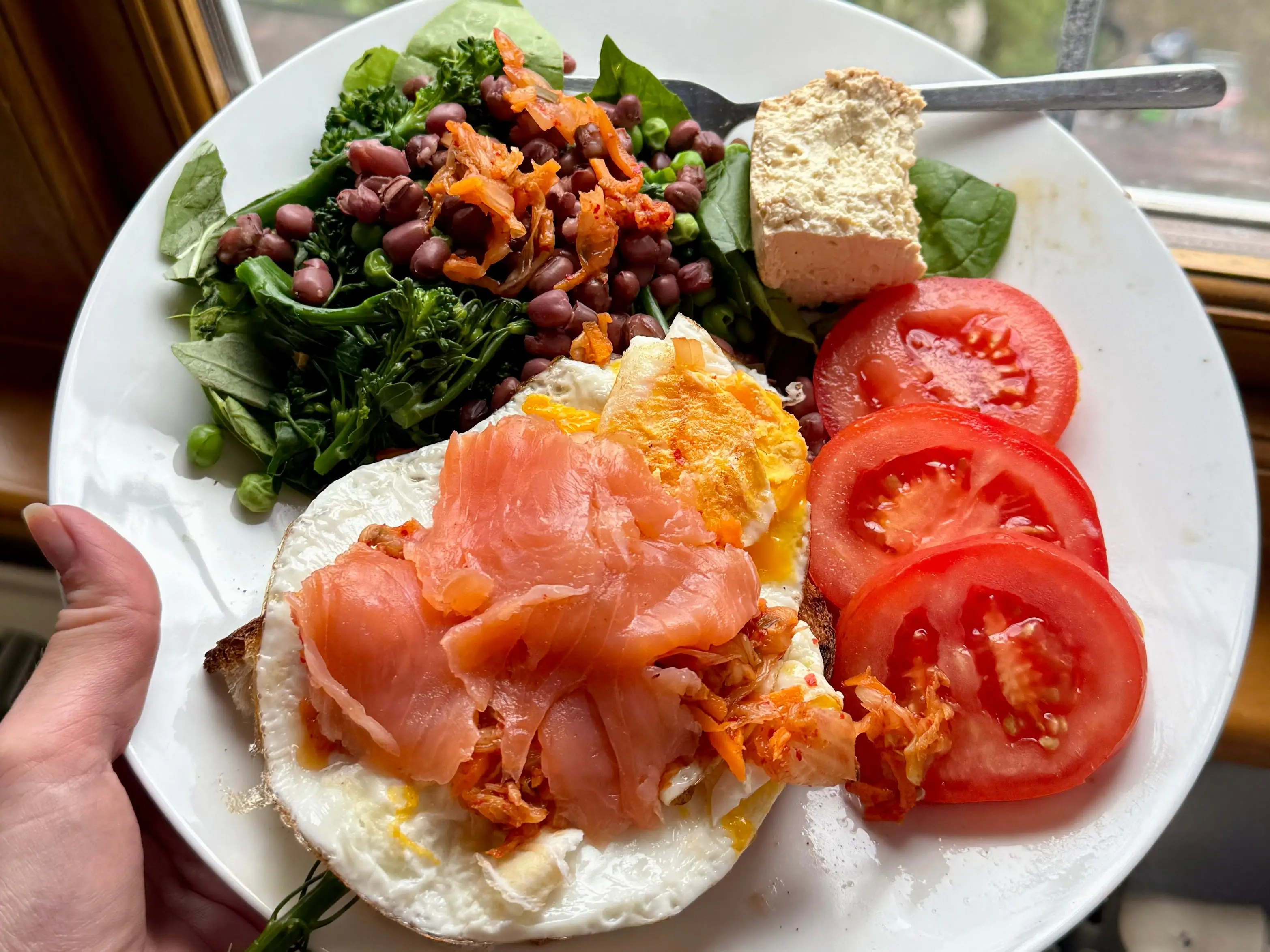 Plate of eggs with smoked salmon, tomato slices, greens, beans, kimchi, and tofu held beside a window.