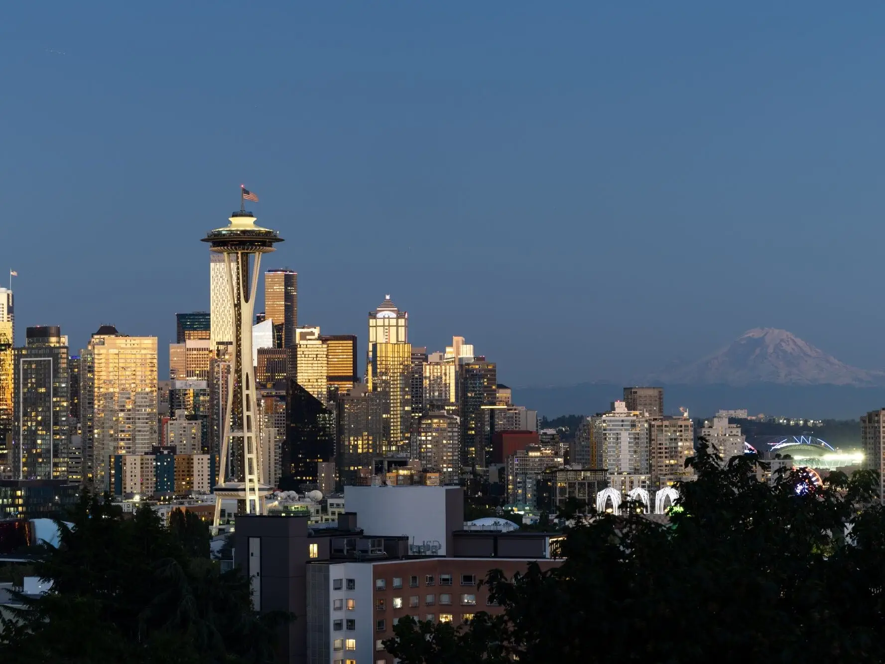 A view of Seattle, Washington's Space Needle and Mt. Rainer in the background.