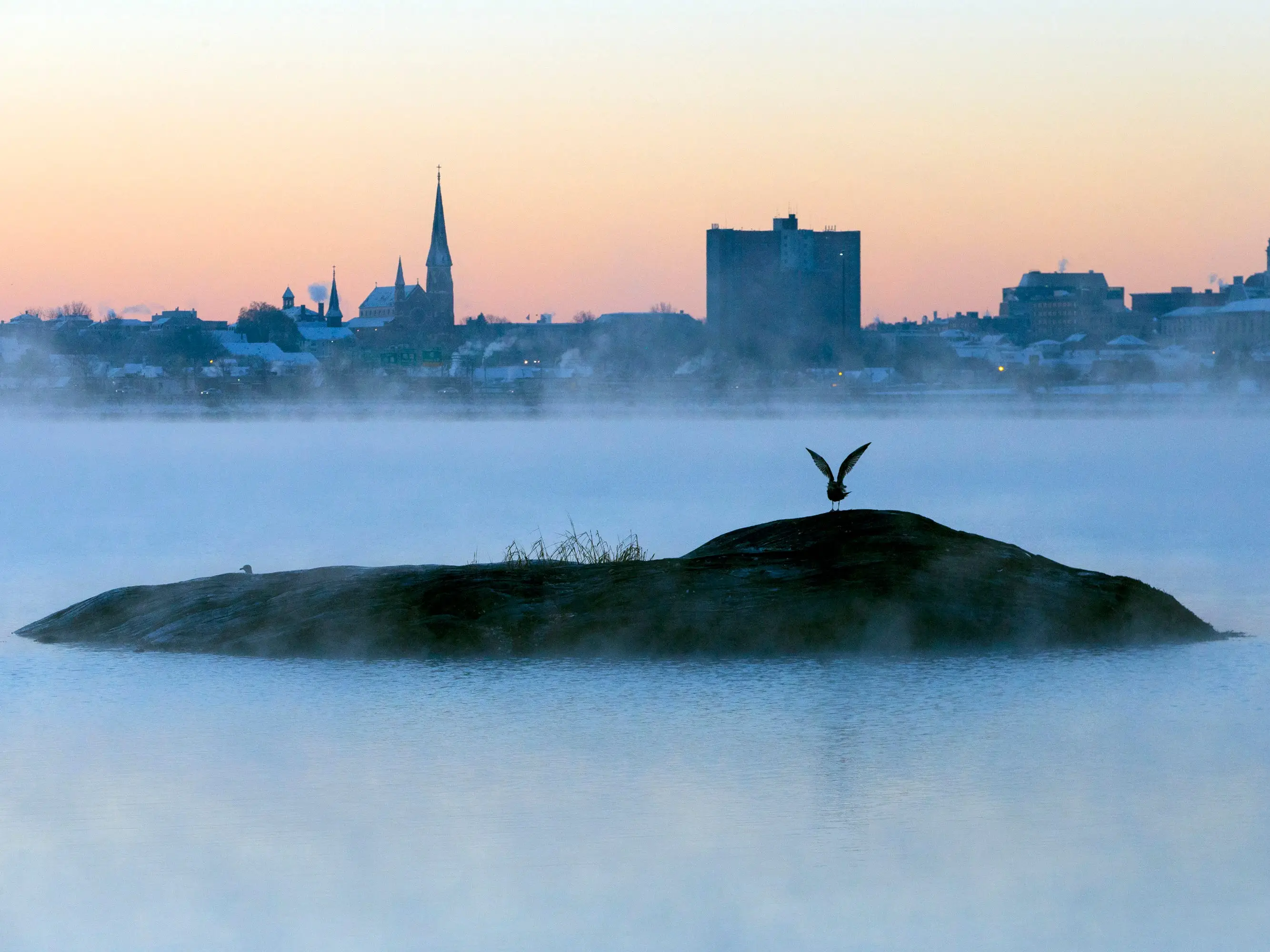 Sea smoke surrounds a small island with a city skyline in the background at sunrise.