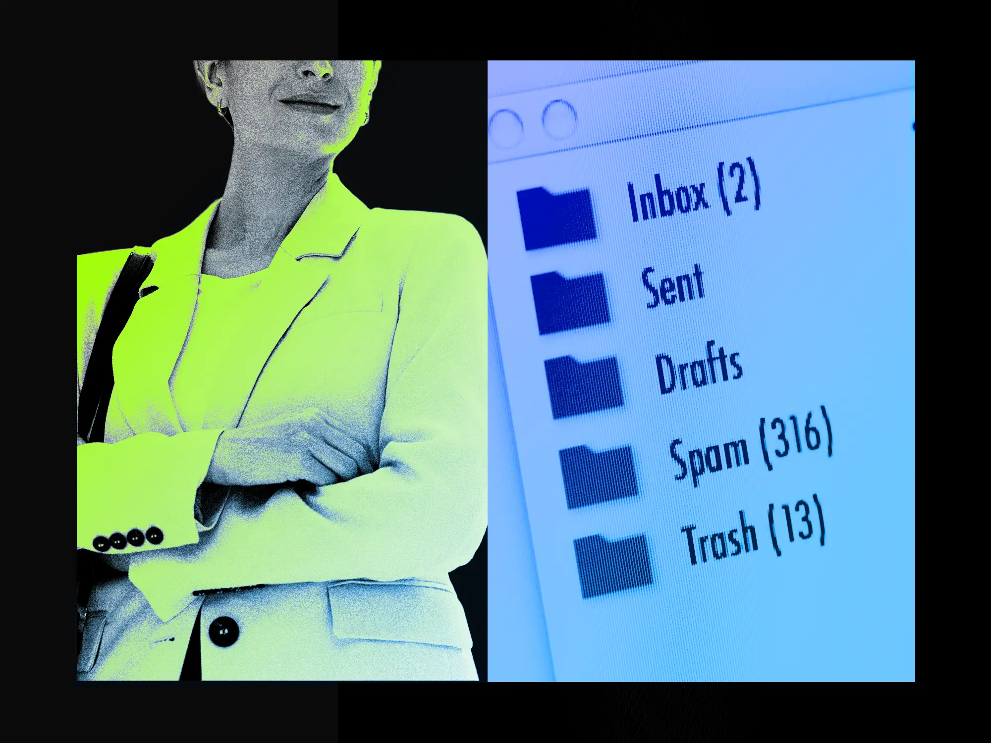 Photo collage of a CEO and a list of Email folders