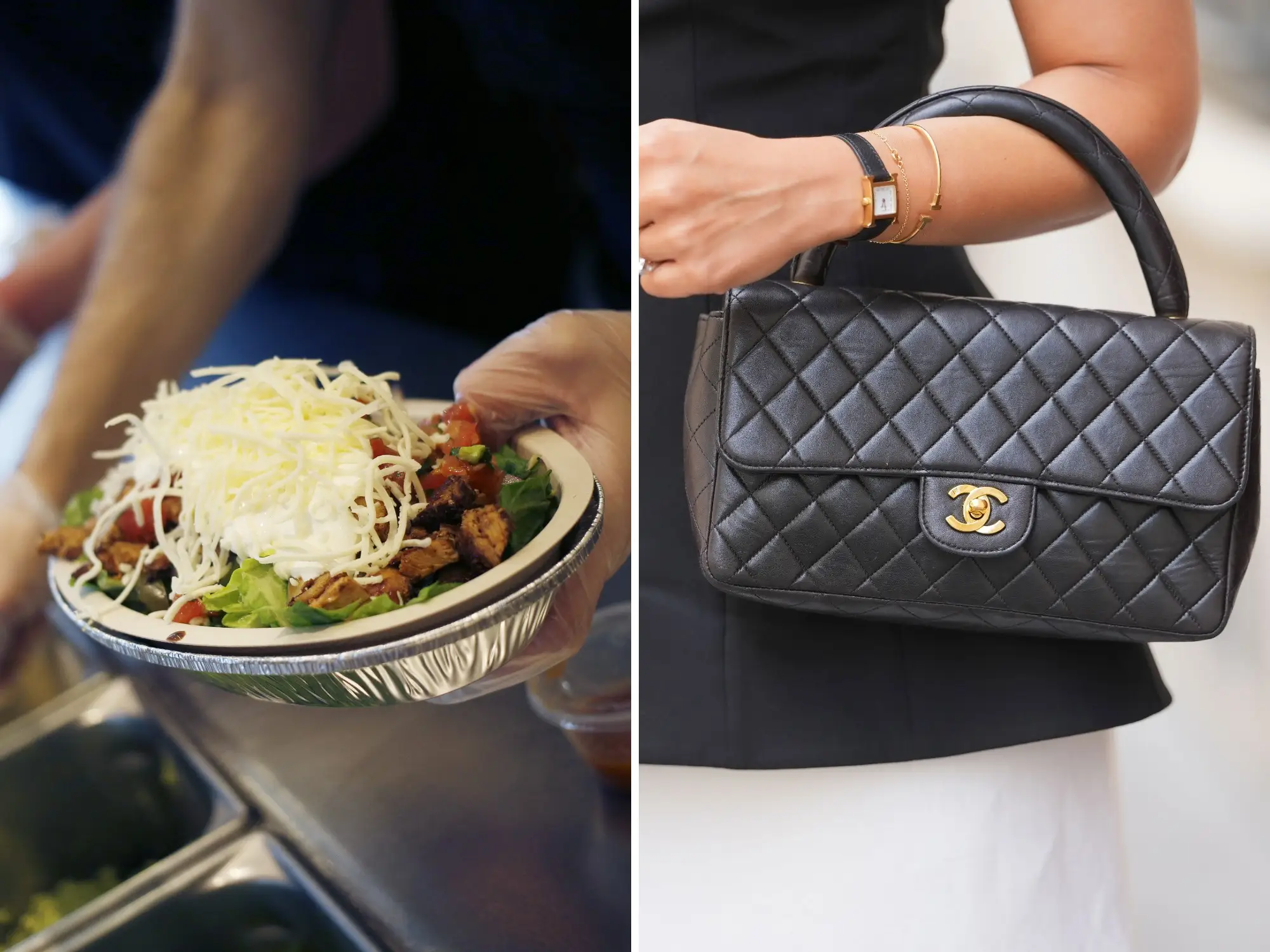 Chipotle burrito bowl and Chanel bag