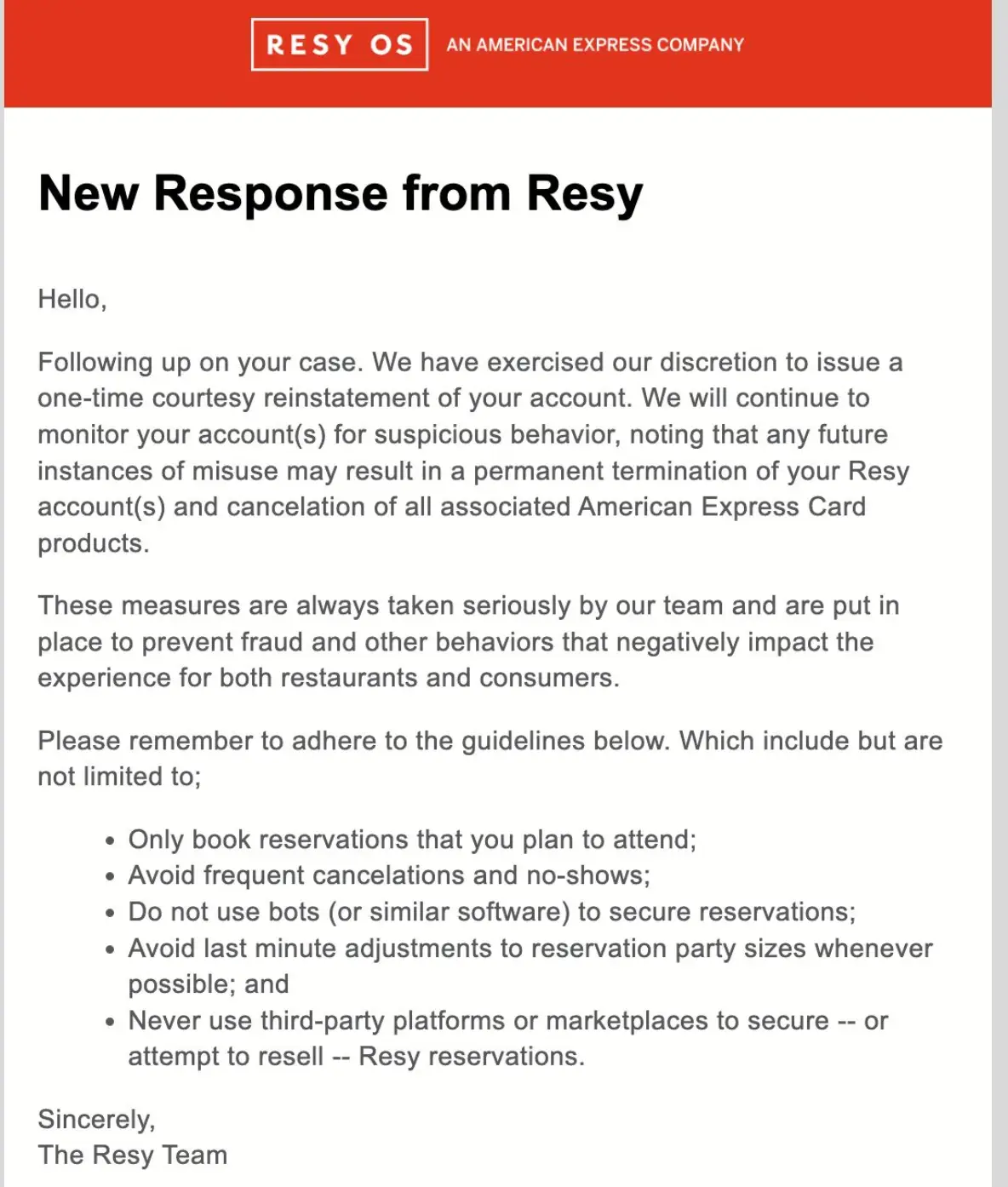 The email Brian Distelburger received about his Resy account's reinstatement.