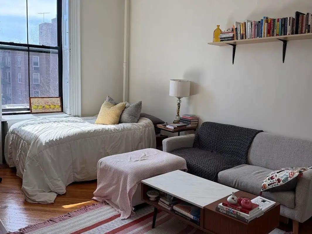 The writer's living room in Brooklyn, with a bed, couch, rug, and coffee table visible.