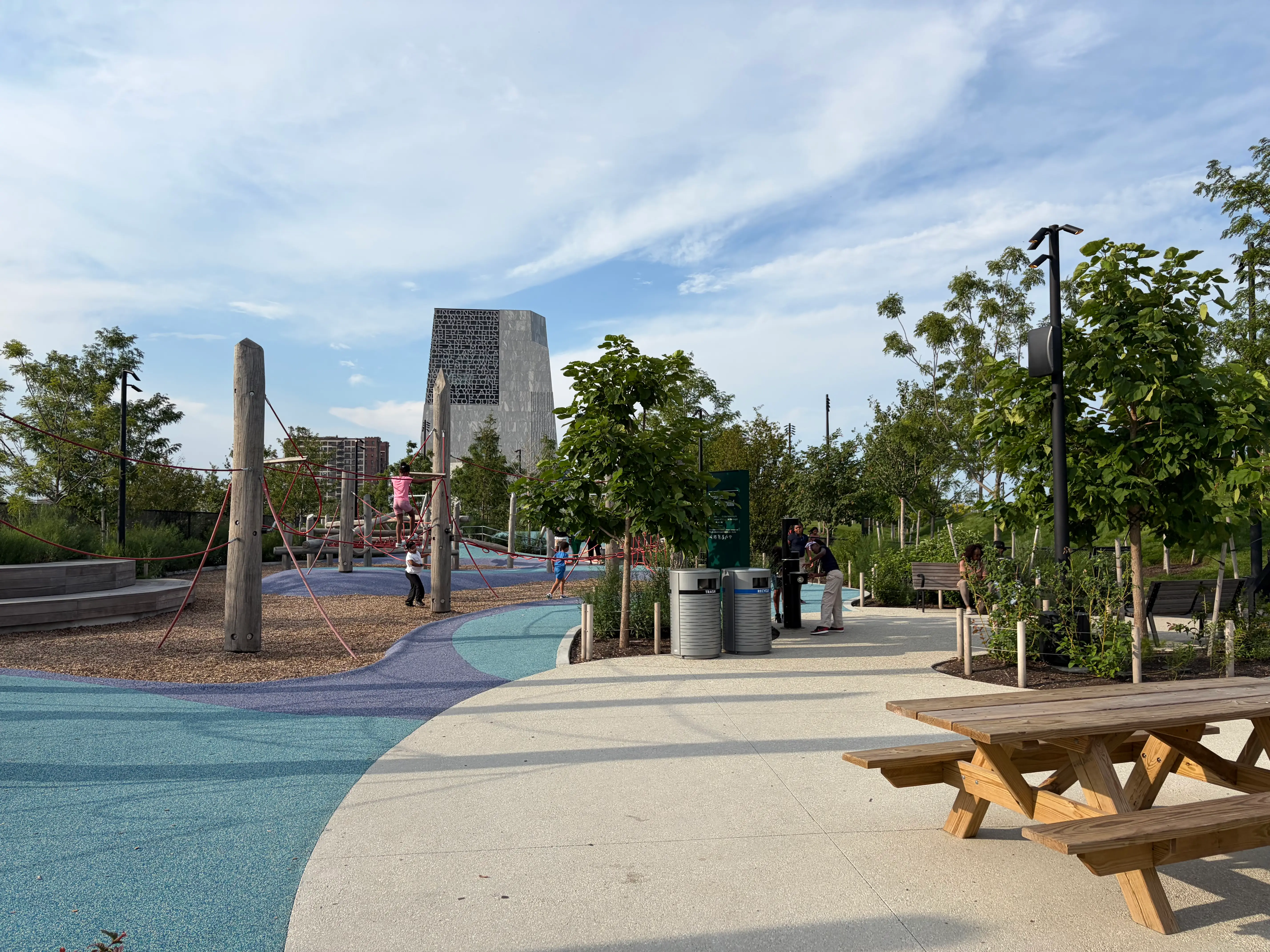 A picnic table at the Obama Presidential Library campus in Chicago.