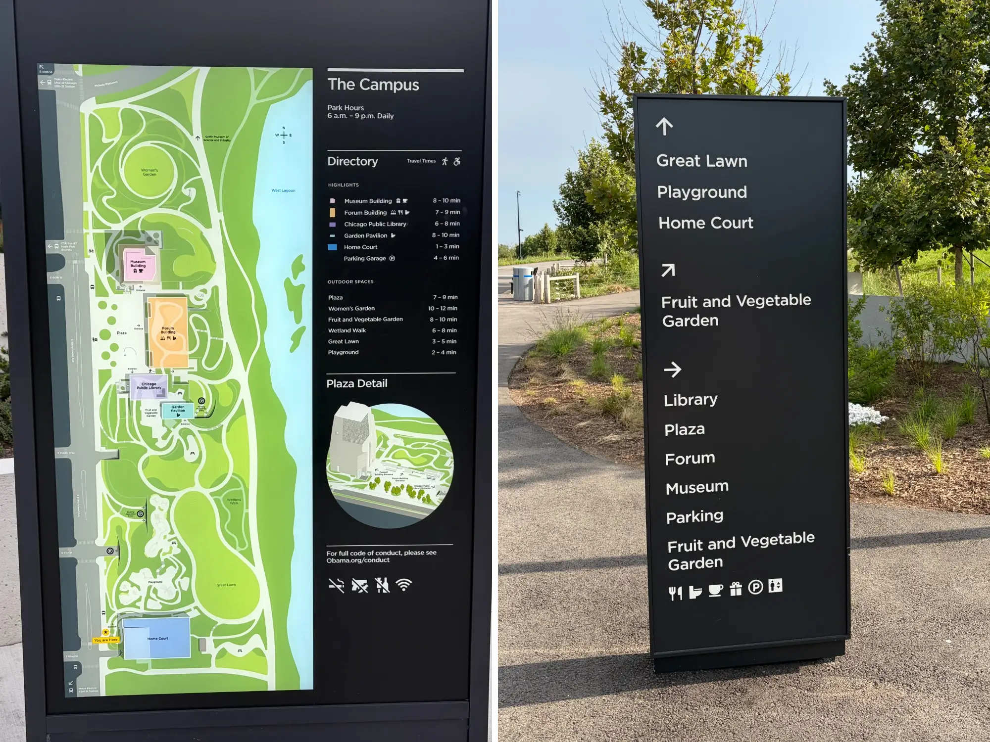 Signs at the Obama Presidential Library campus in Chicago.