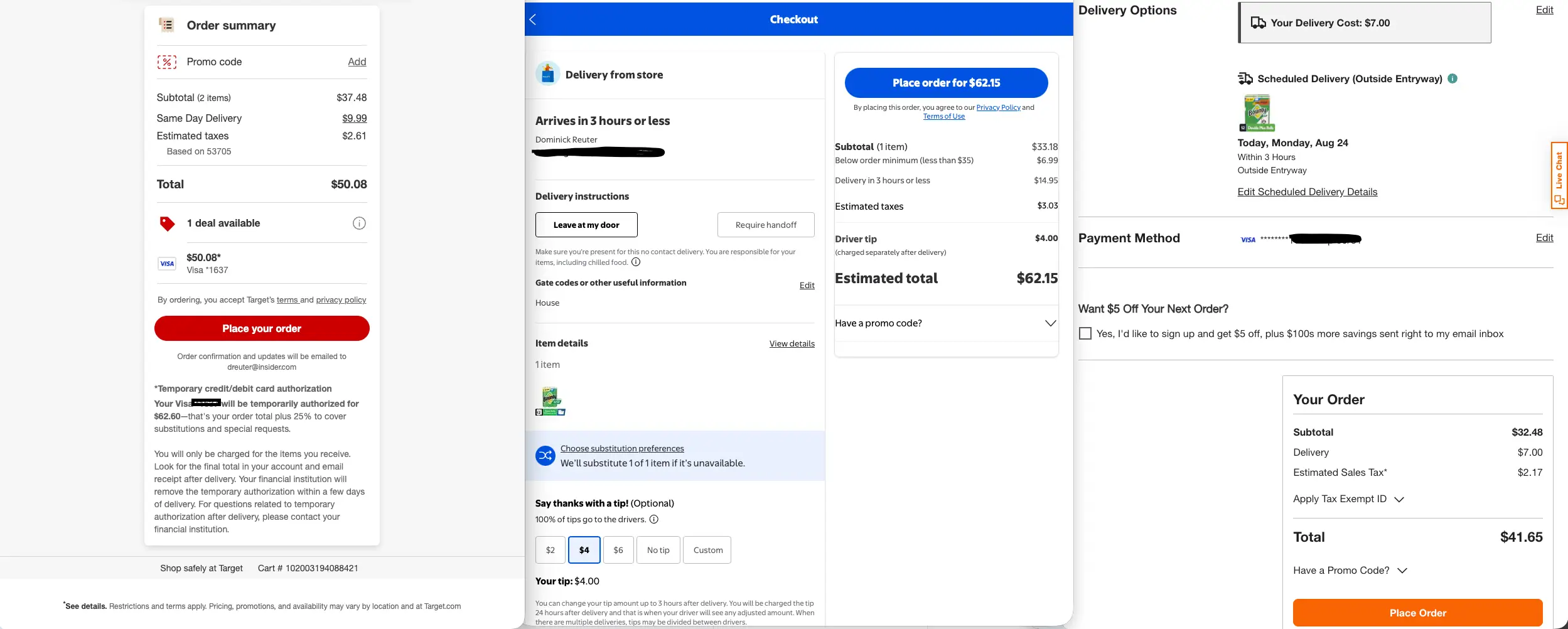 Order pages from Target, Walmart, and Home Depot.