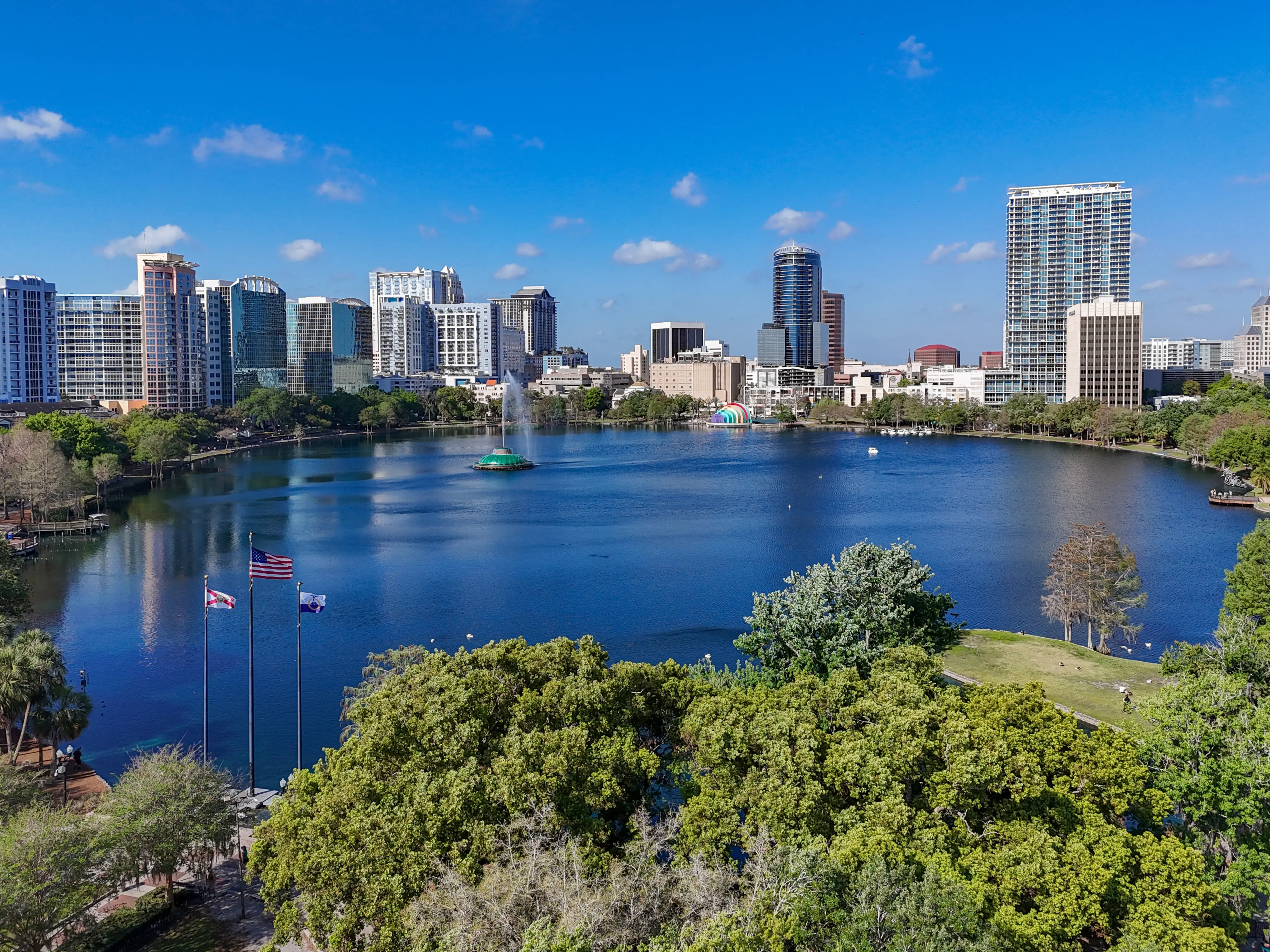 Aerial view overlooking Lake Eola in downtown Orlando in Orange County, Florida.