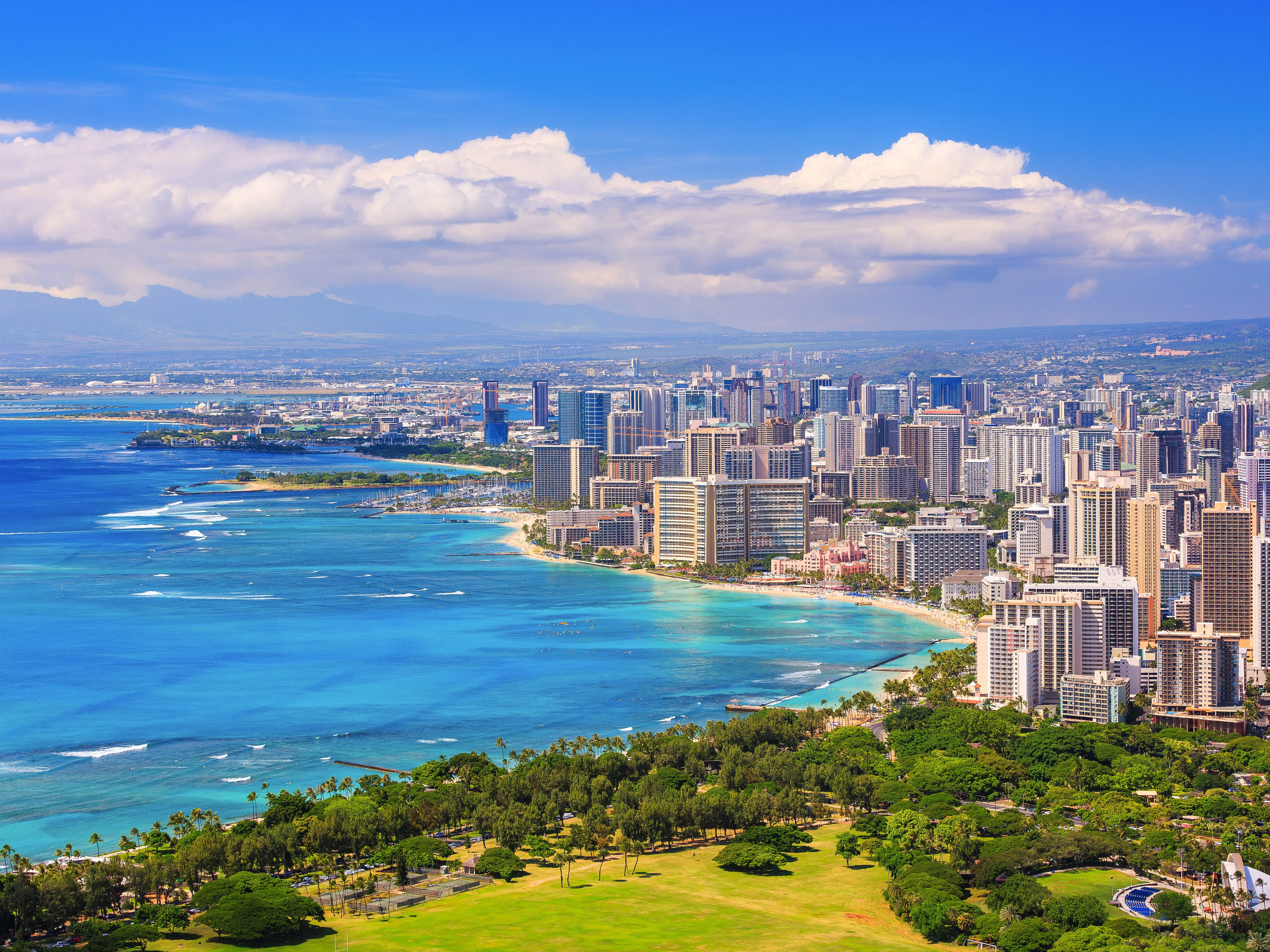 Skyline of Honolulu, Hawaii. Waikiki Beach. stock photo