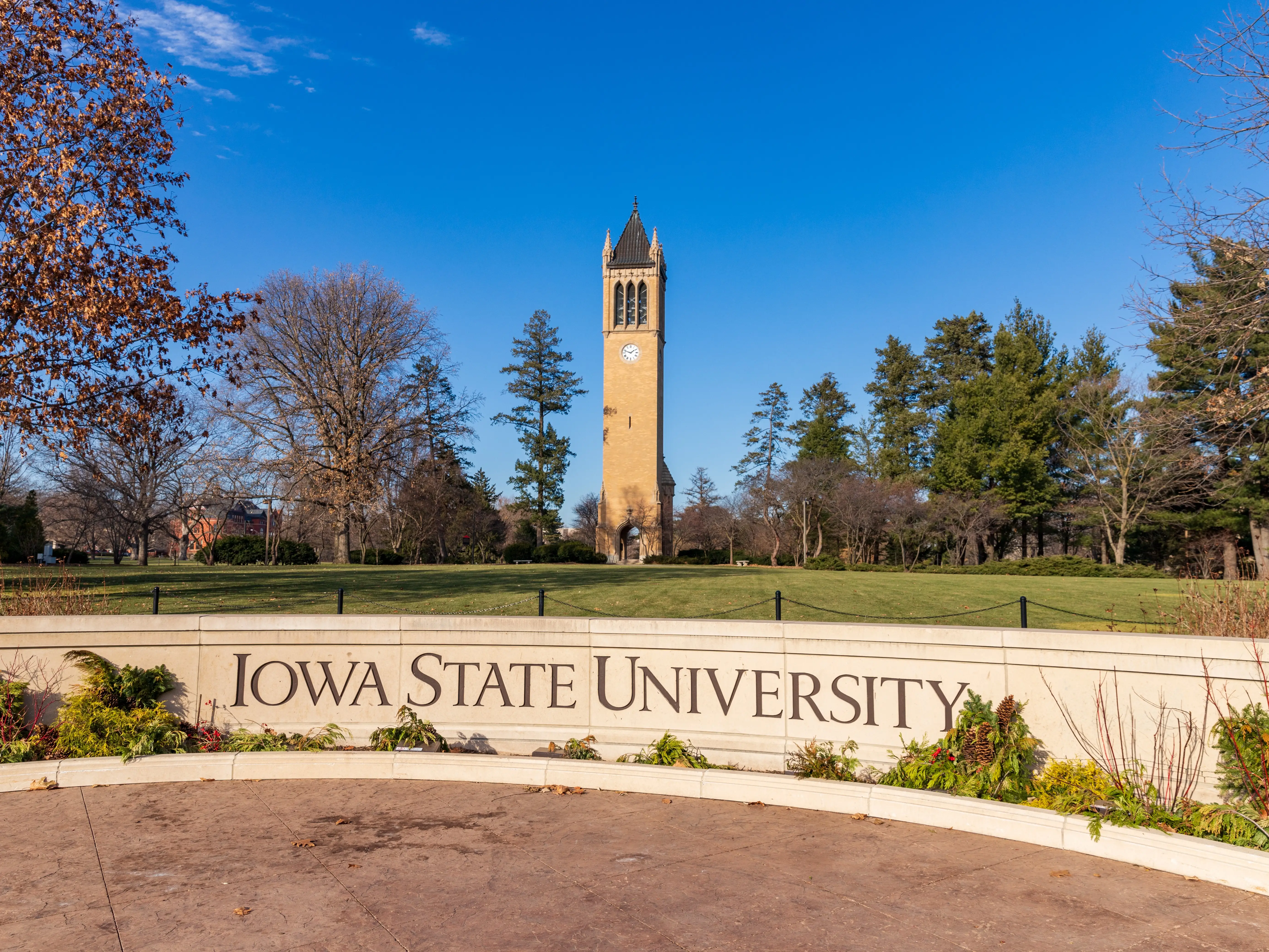 Ames, IA, USA - December 4, 2020: Iowa State University sign in front of the campanile