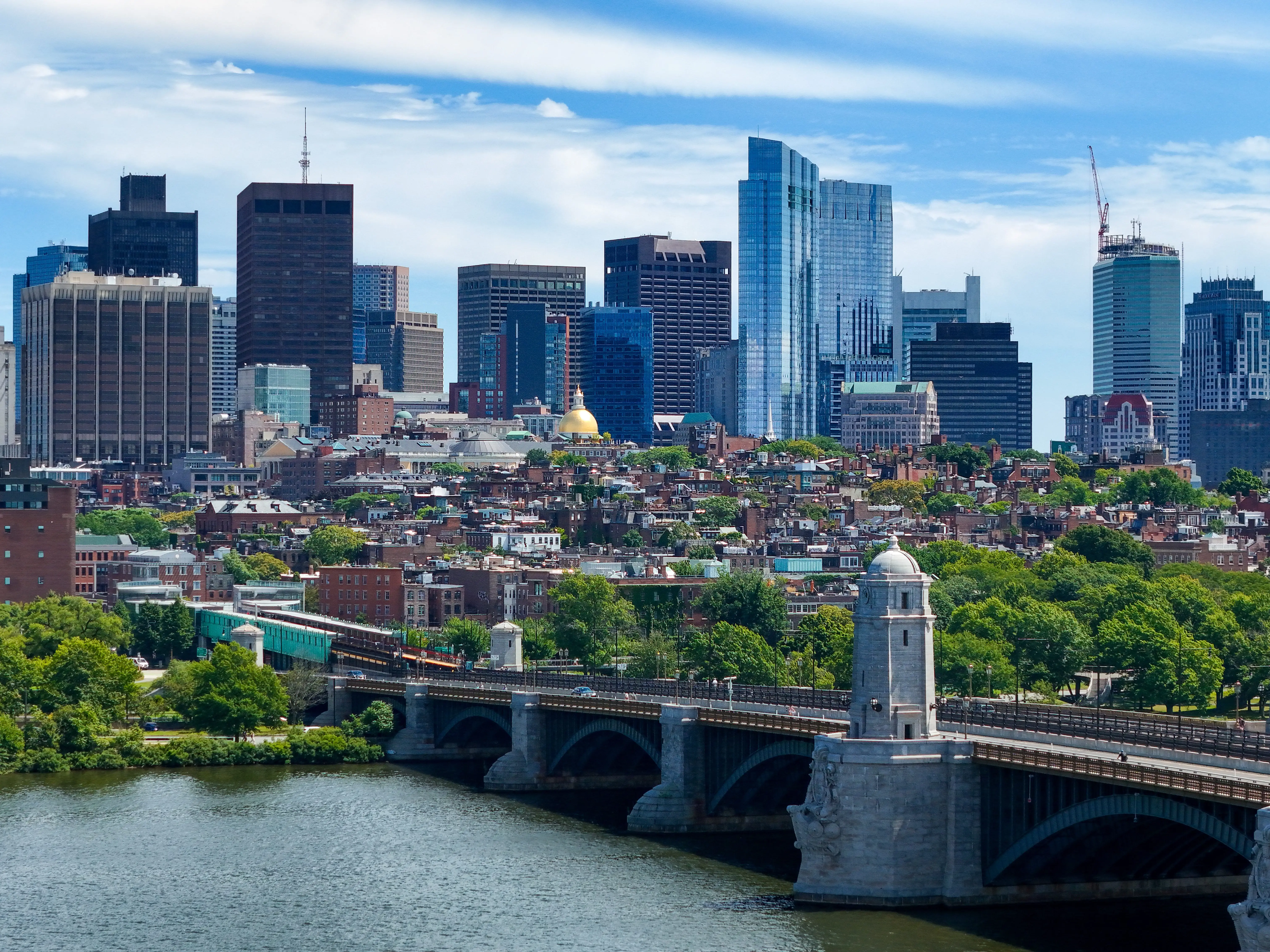 Longer View of the Boston Downtown from the City of Cambridge with the Longfellow Bridge stock photo