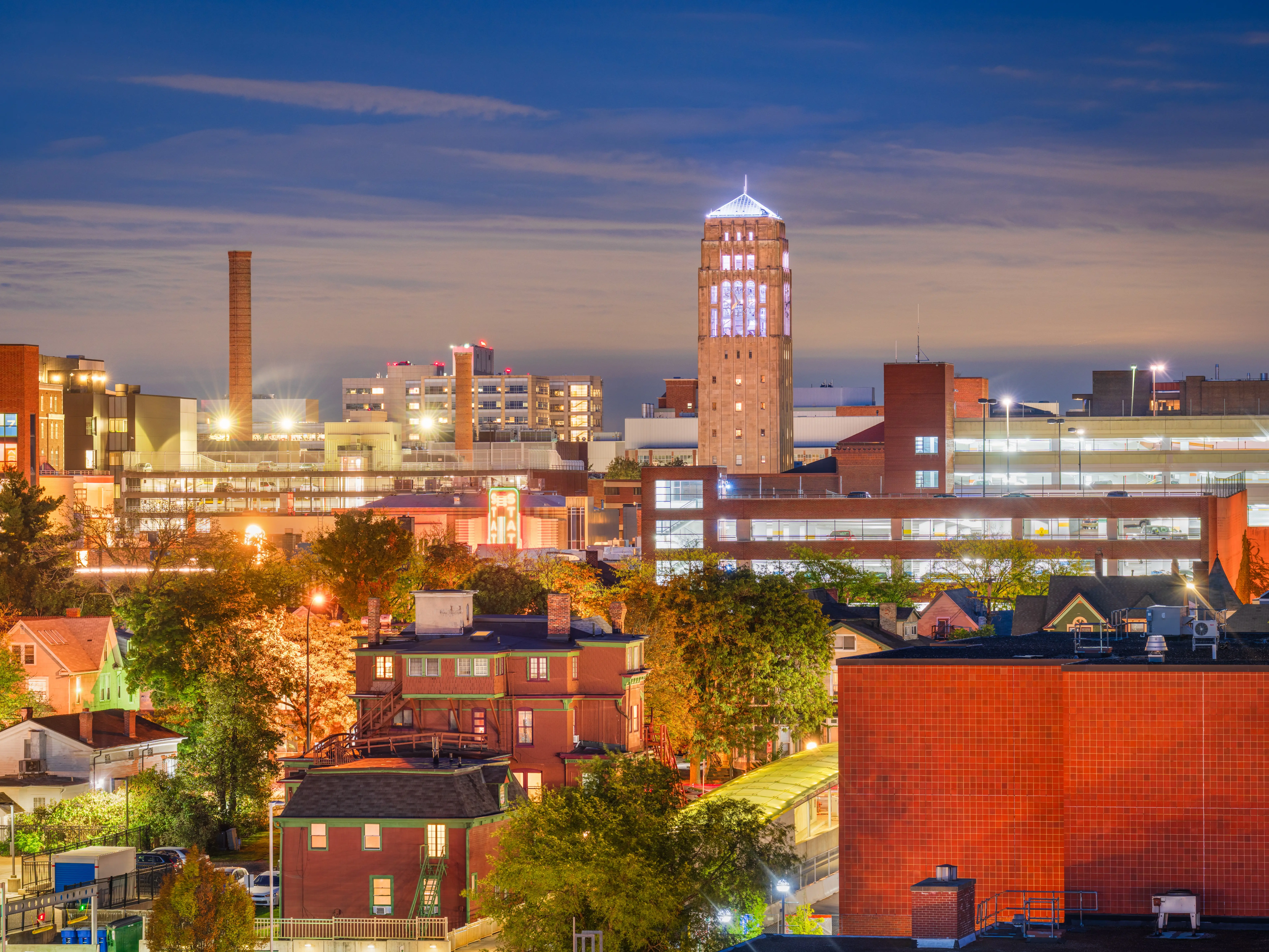 Ann Arbor, Michigan, USA town skyline at twilight.