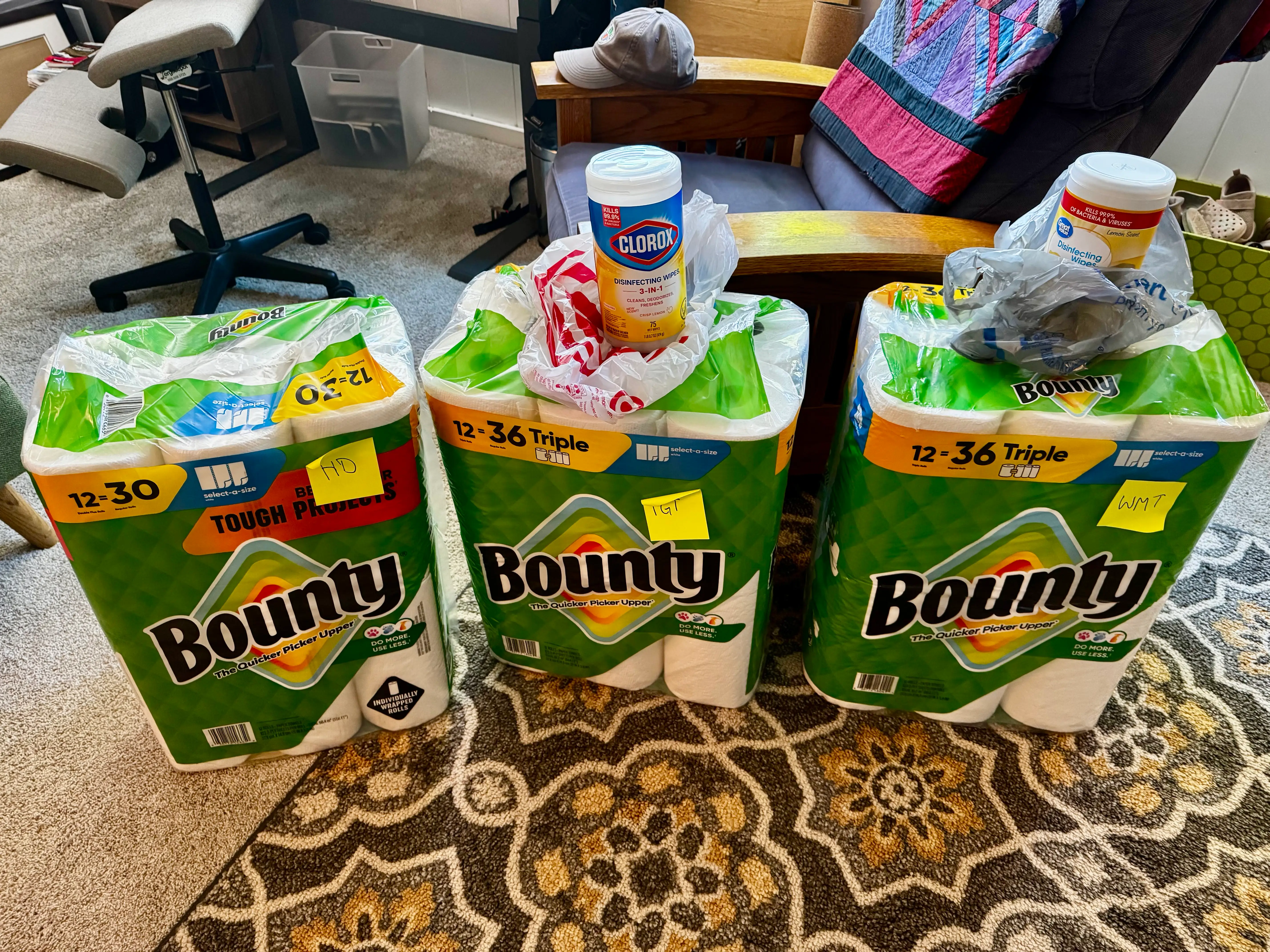 Paper towels ordered from Home Depot, Target, and Walmart.