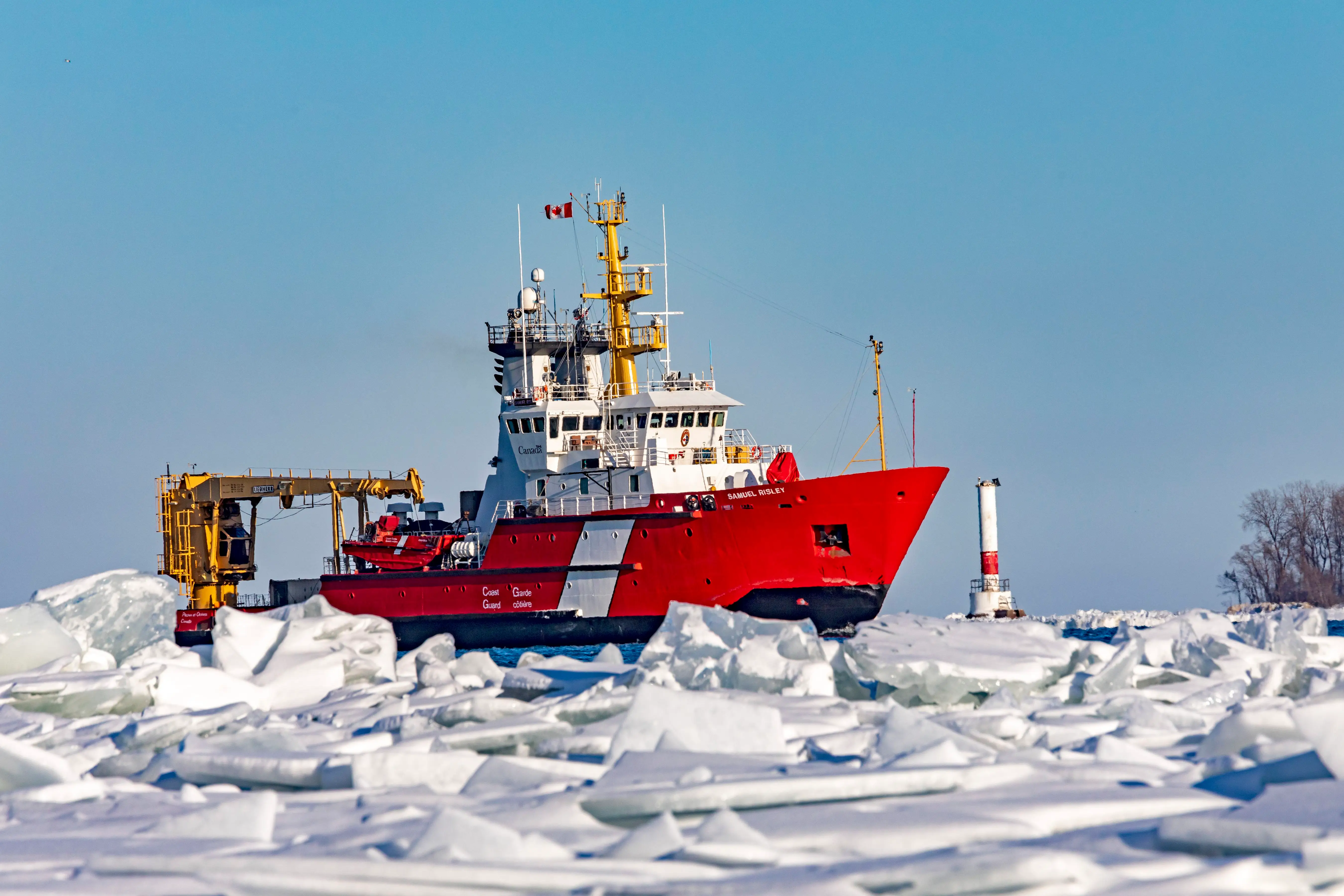The Canadian Coast Guard vessel Samuel Risley does icebreaking on Lake St. Clair near the Detroit River.