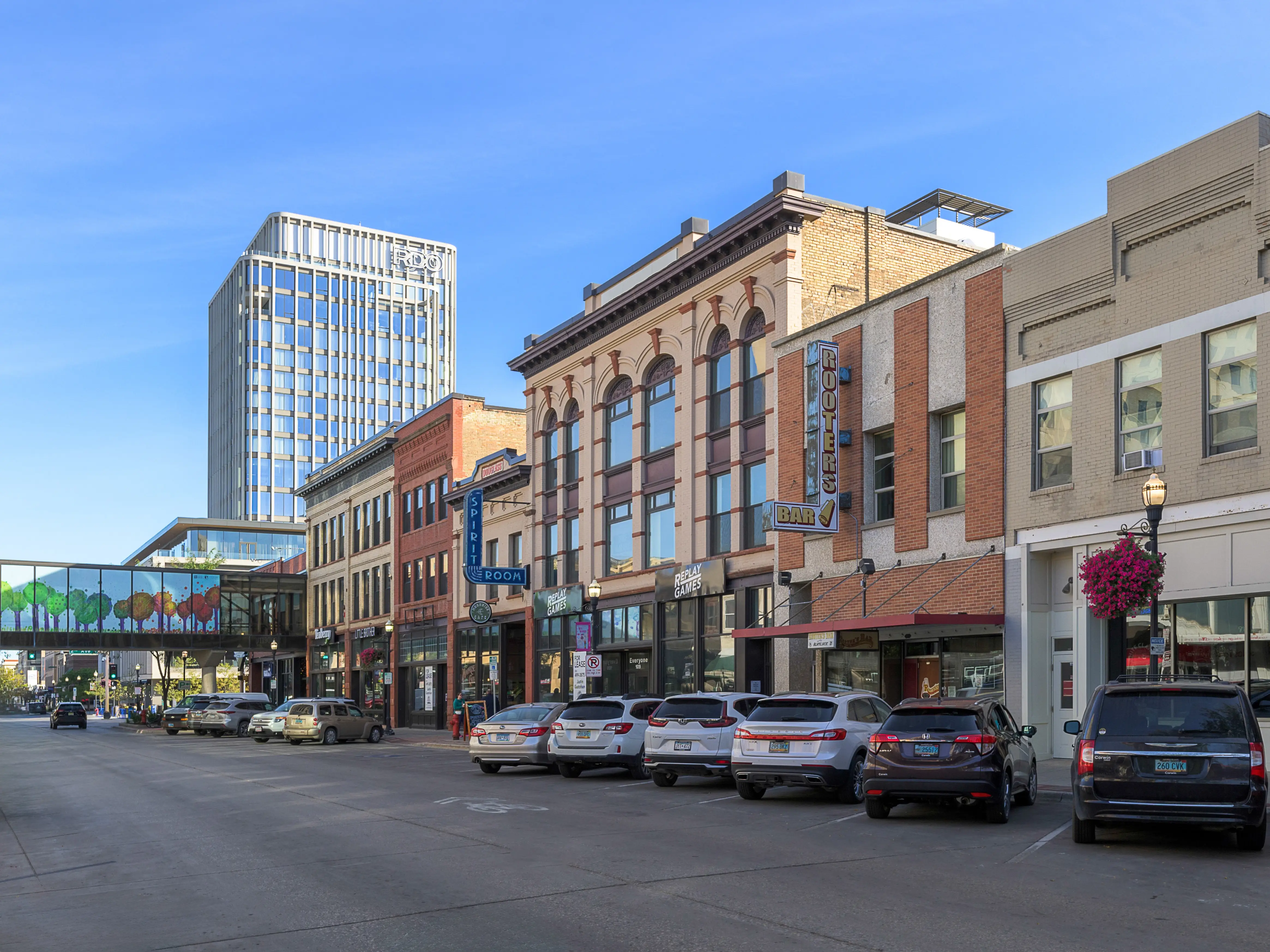 Fargo, North Dakota, USA - October 4, 2024: Broadway from 1st Avenue in historic downtown Fargo