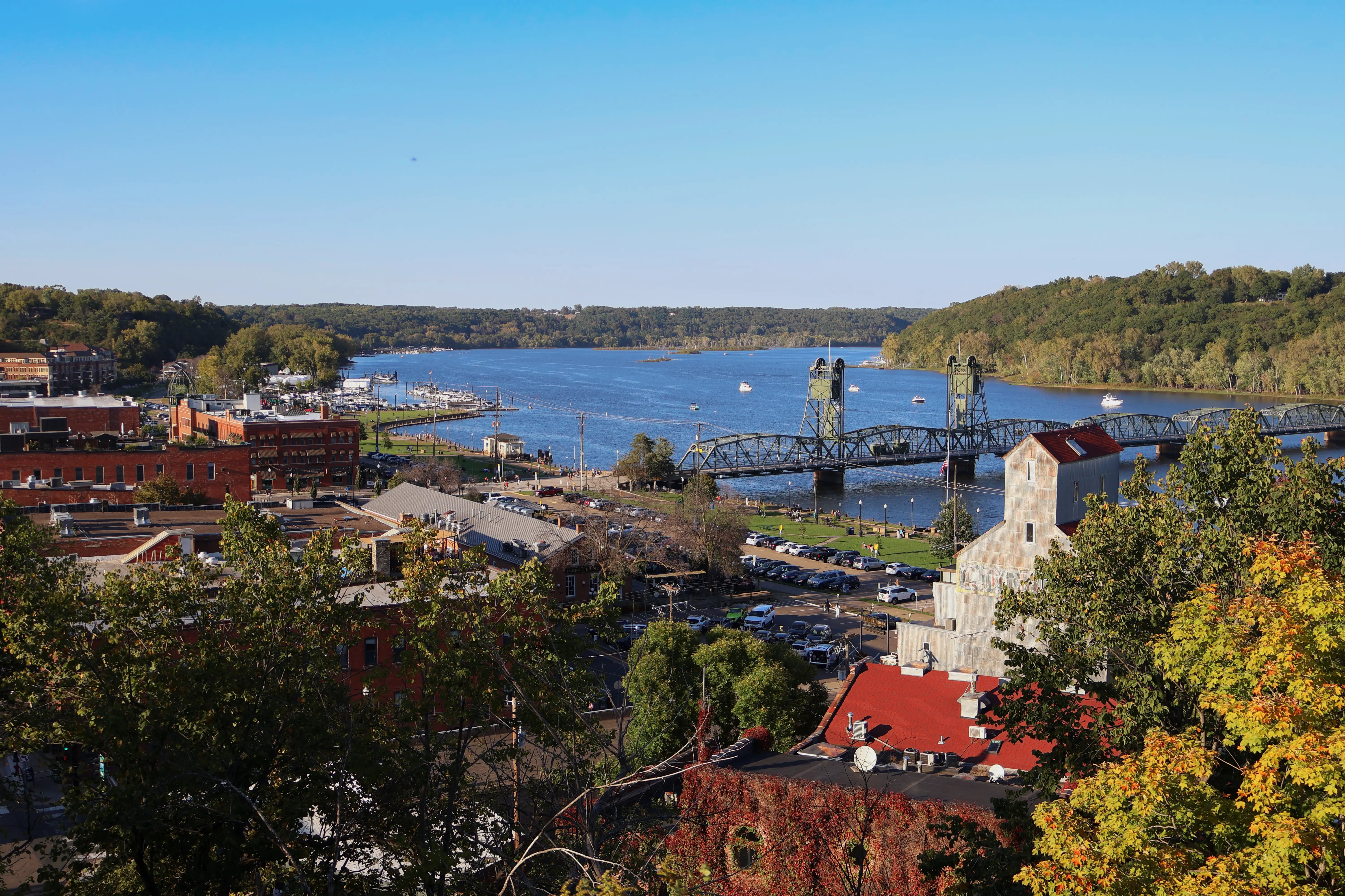 Overhead view of downtown Stillwater, a small town on the river in Minnesota.