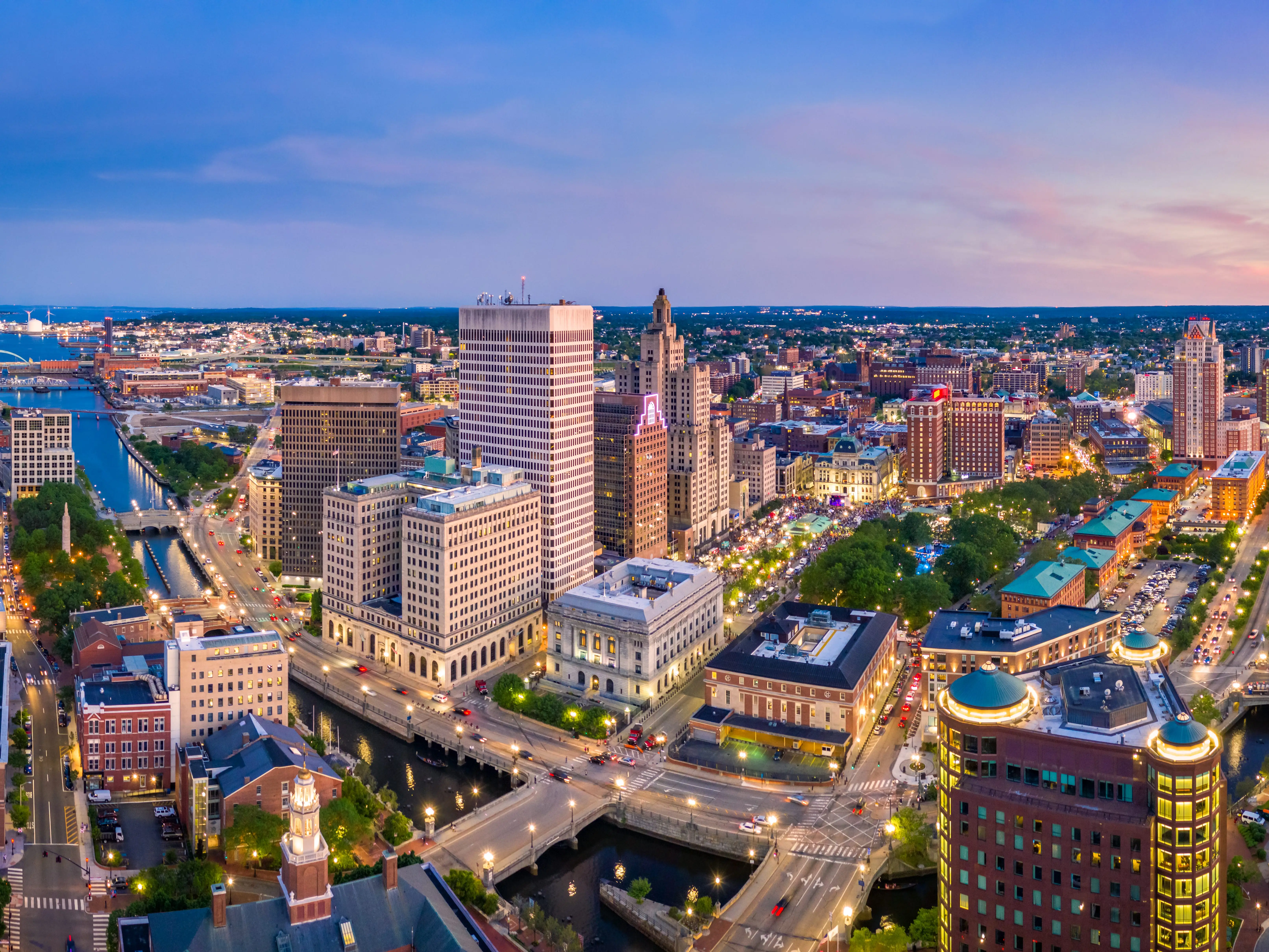 Aerial panorama of Providence skyline at dusk. Providence is the capital city of the U.S. state of Rhode Island. Founded in 1636 is one of the oldest cities in USA.