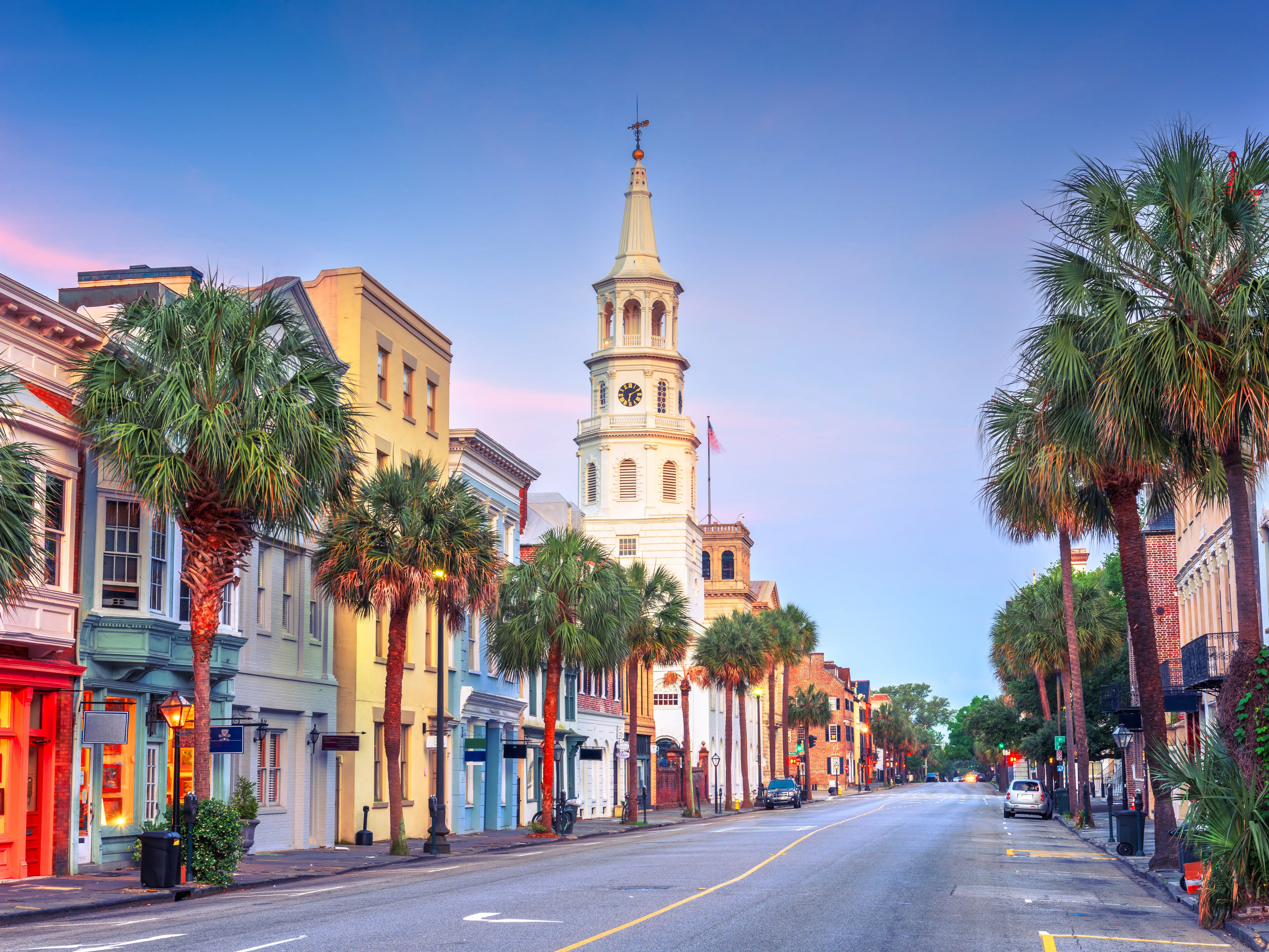 Charleston, South Carolina, USA cityscape in the historic district at twilight.