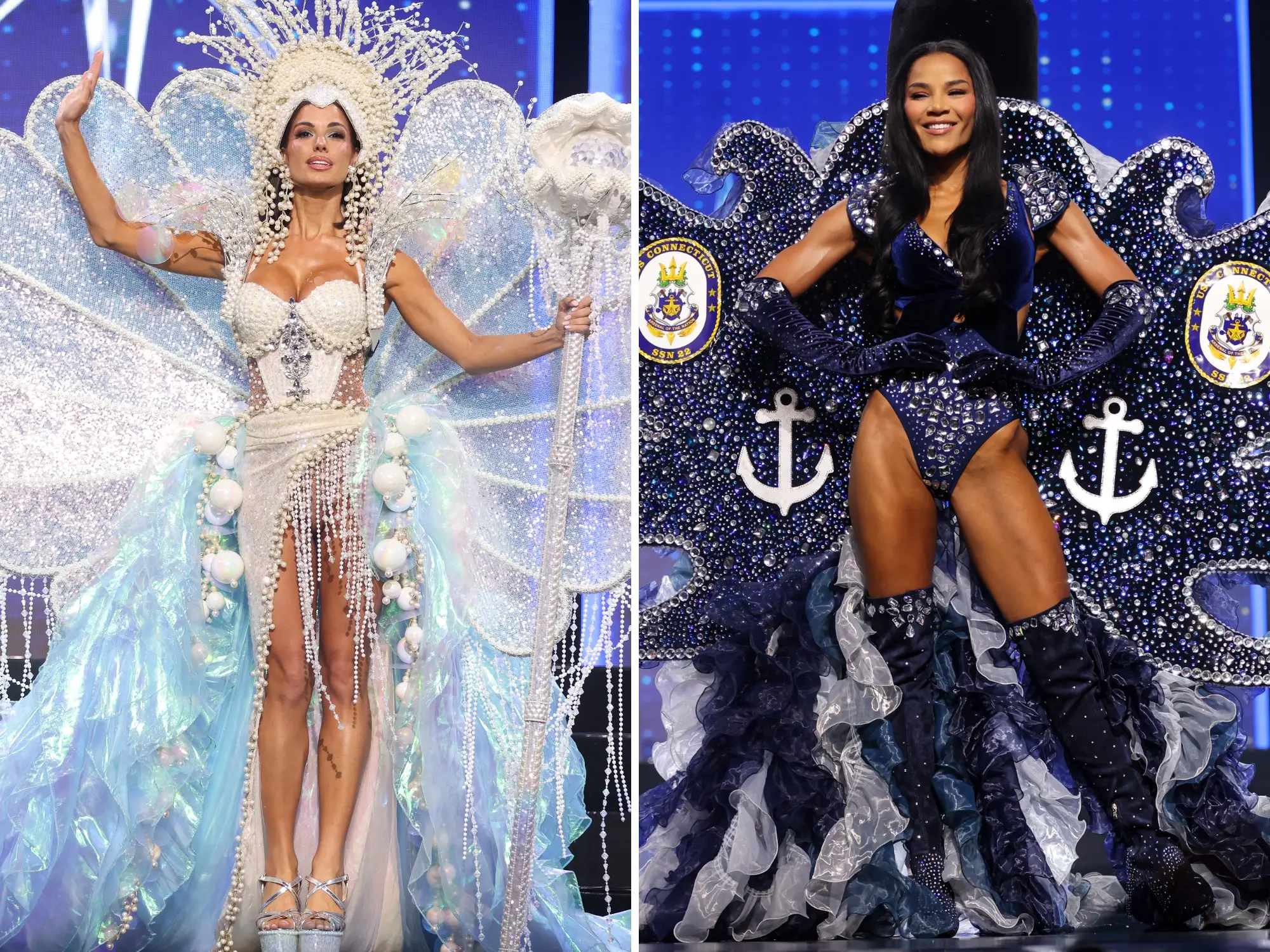 Two Miss USA contestants pose in elaborate ocean-inspired costumes with pearl wings, anchors, and blue stage lighting.