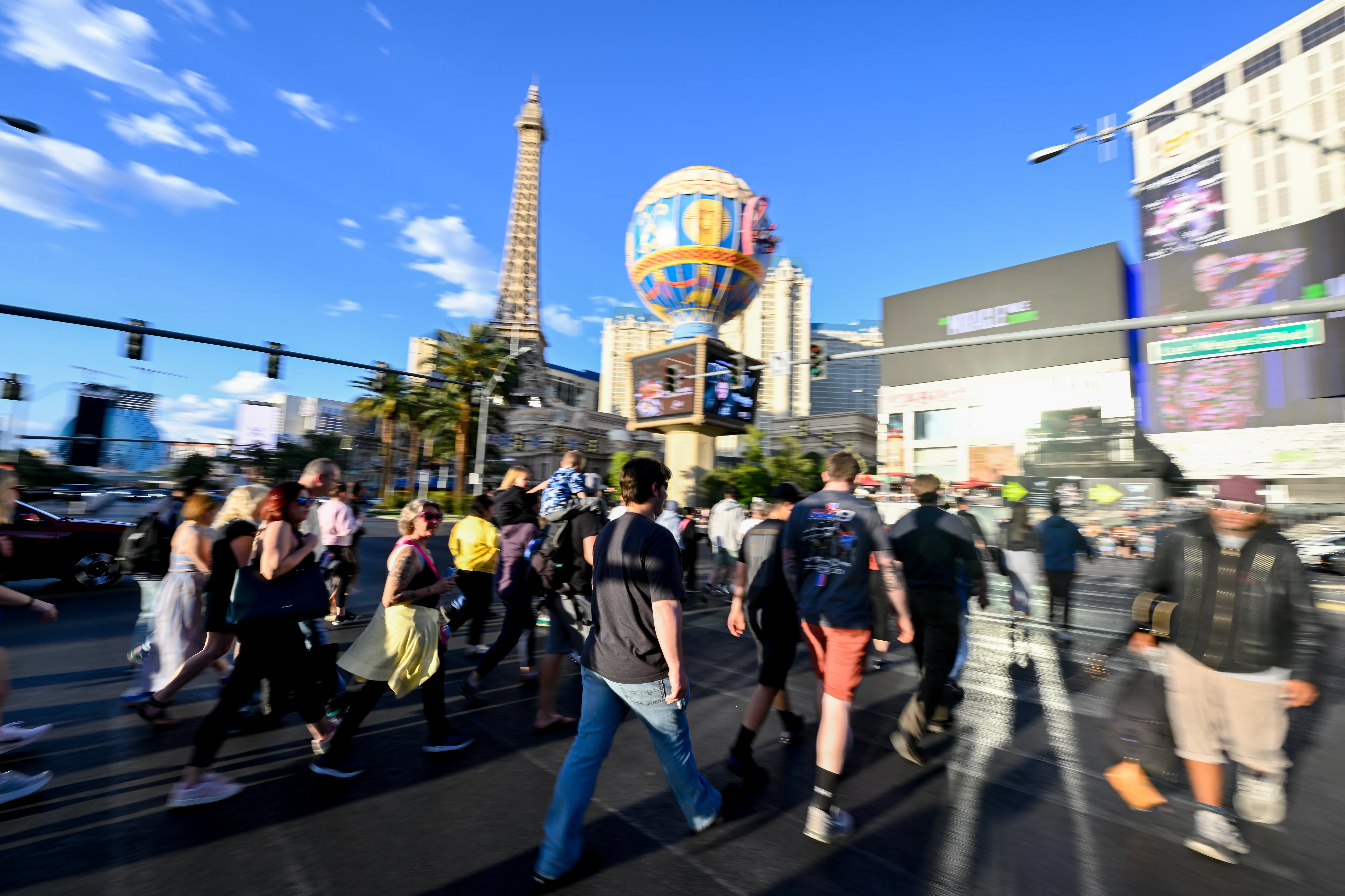 Tourists walk on the Las Vegas strip.