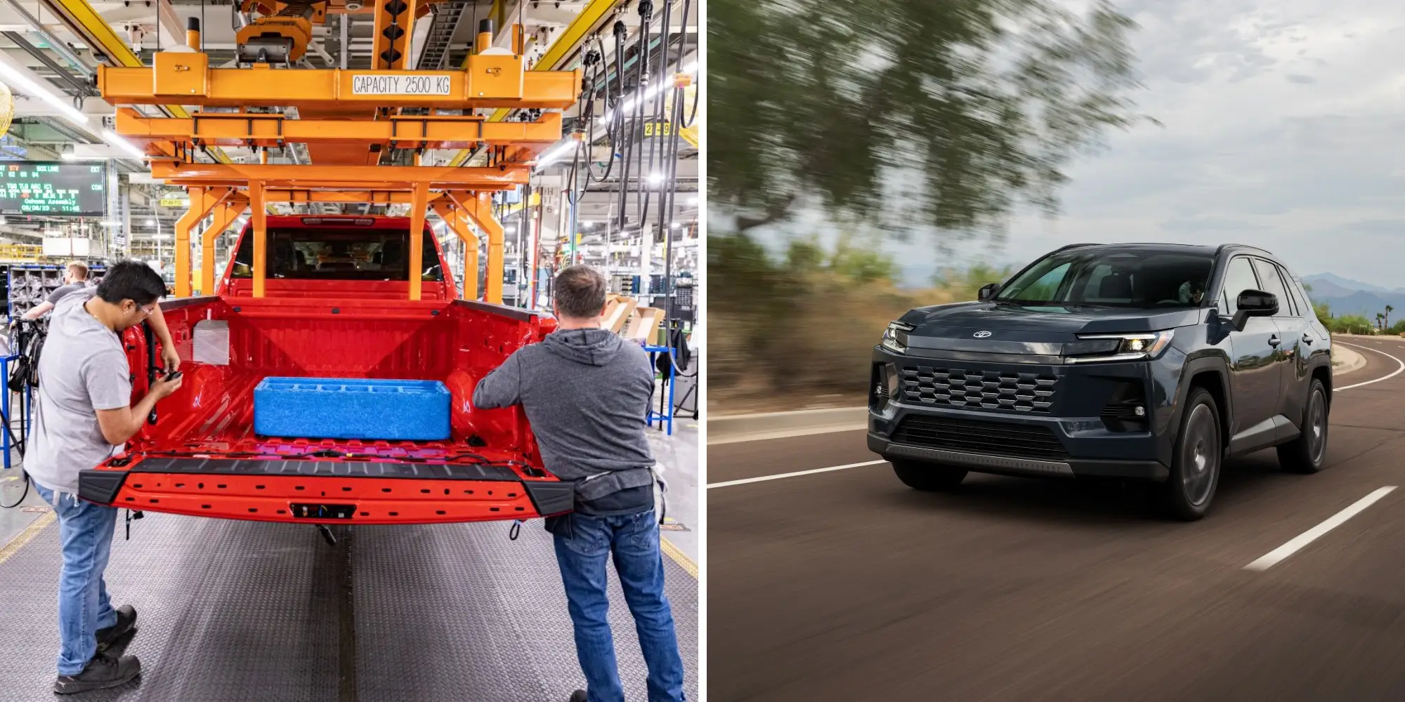 Left: Canadian assembly plant workers install components into a red Chevy Silverado's truck bed. Right: a 2026 Toyota RAV4 drives around a corner.