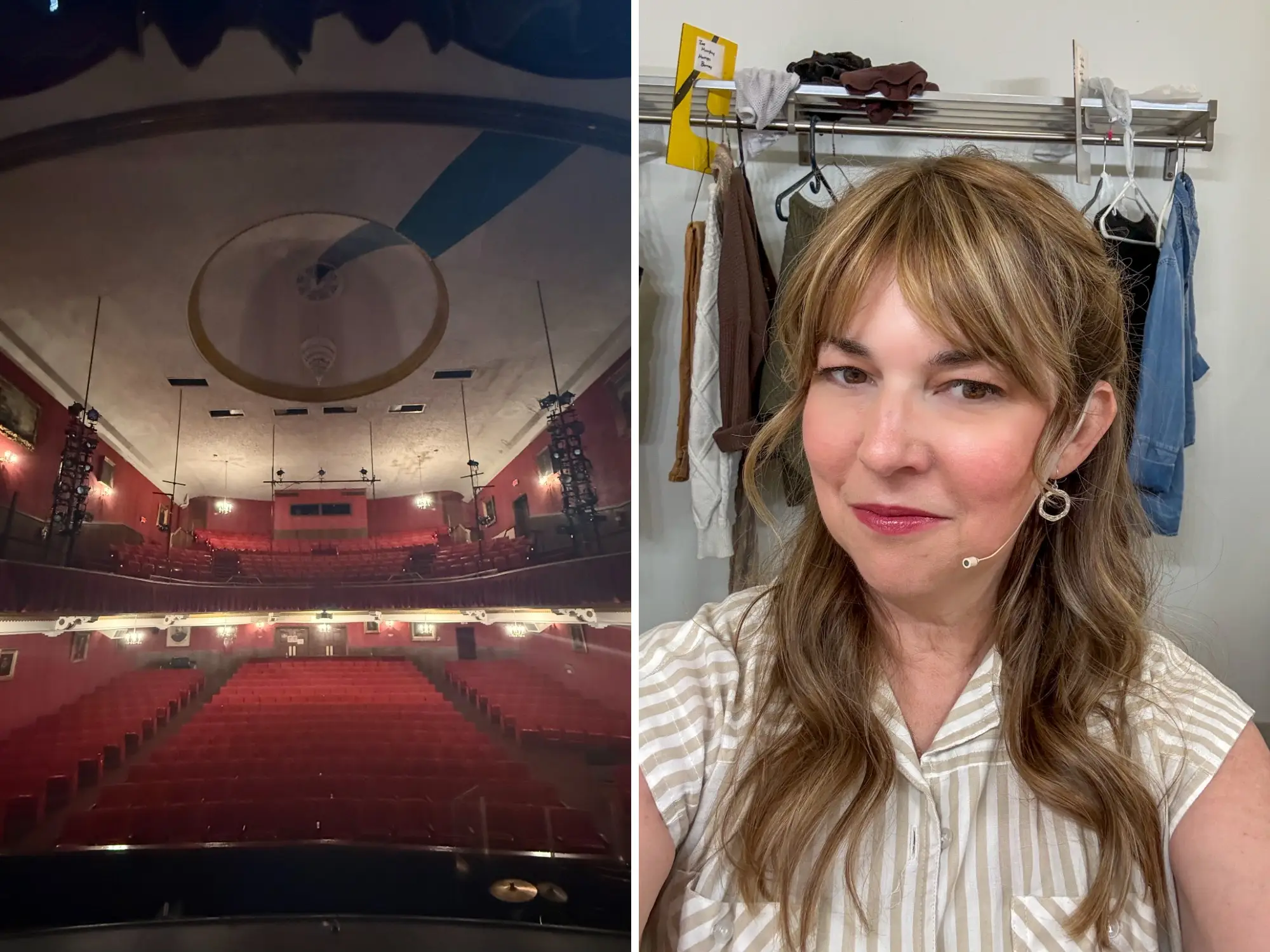 Composite image, on the left is seats in a theater, on the right the author is backstage wearing a headset
