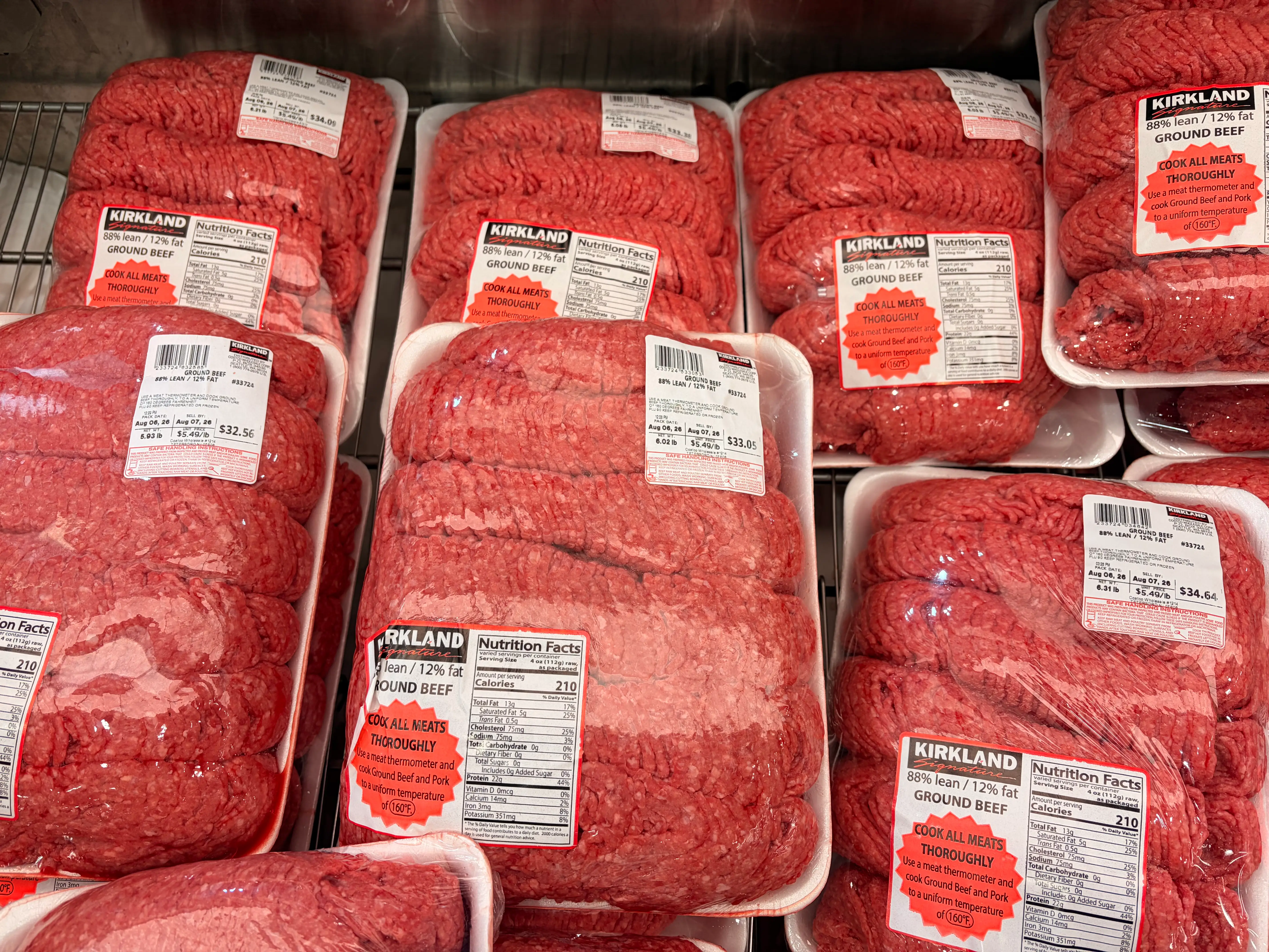 Packages of Kirkland Signature ground beef.