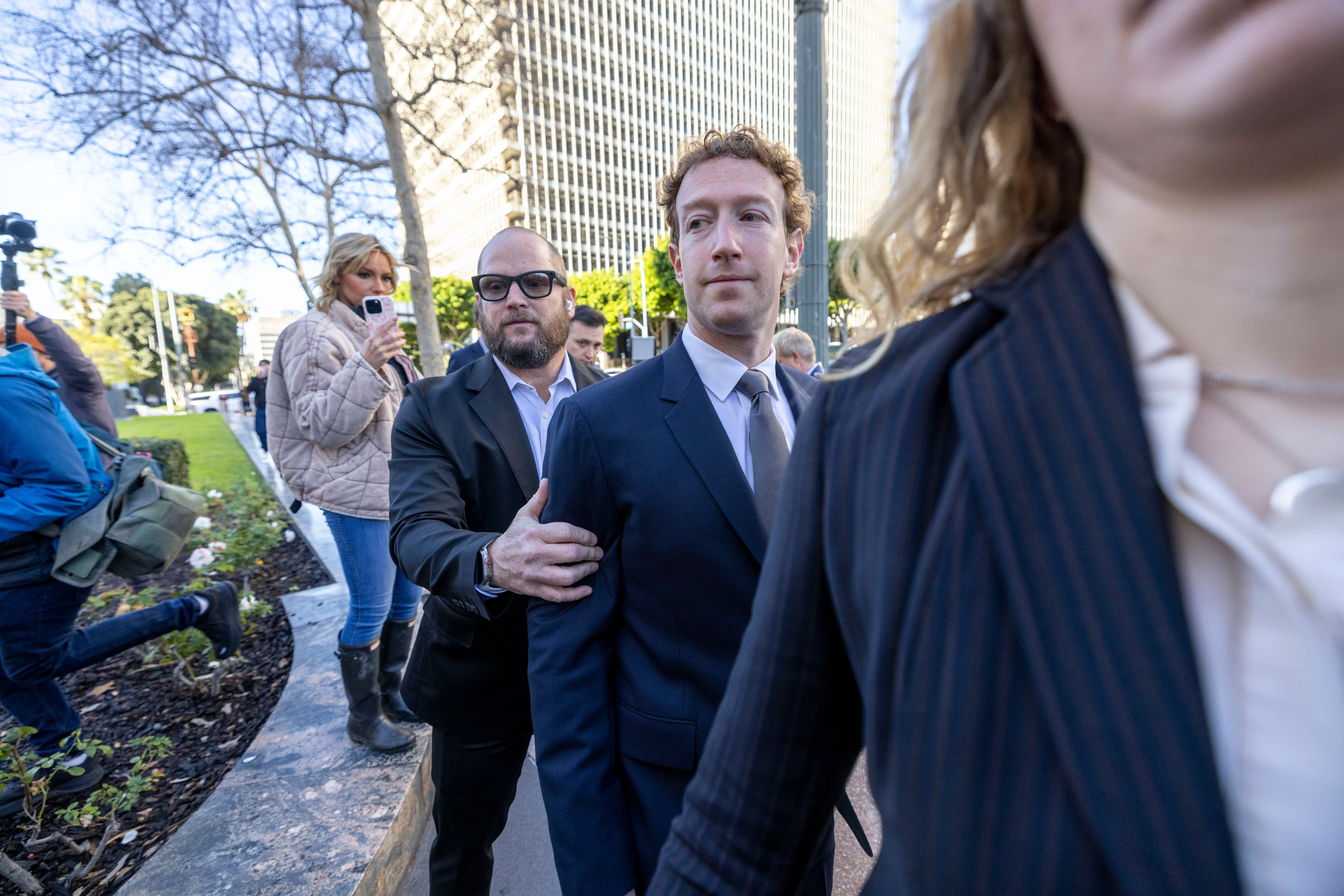 Meta CEO Mark Zuckerberg arrives to the Los Angeles Superior Court at United States Court House on February 18, 2026 in Los Angeles, California.