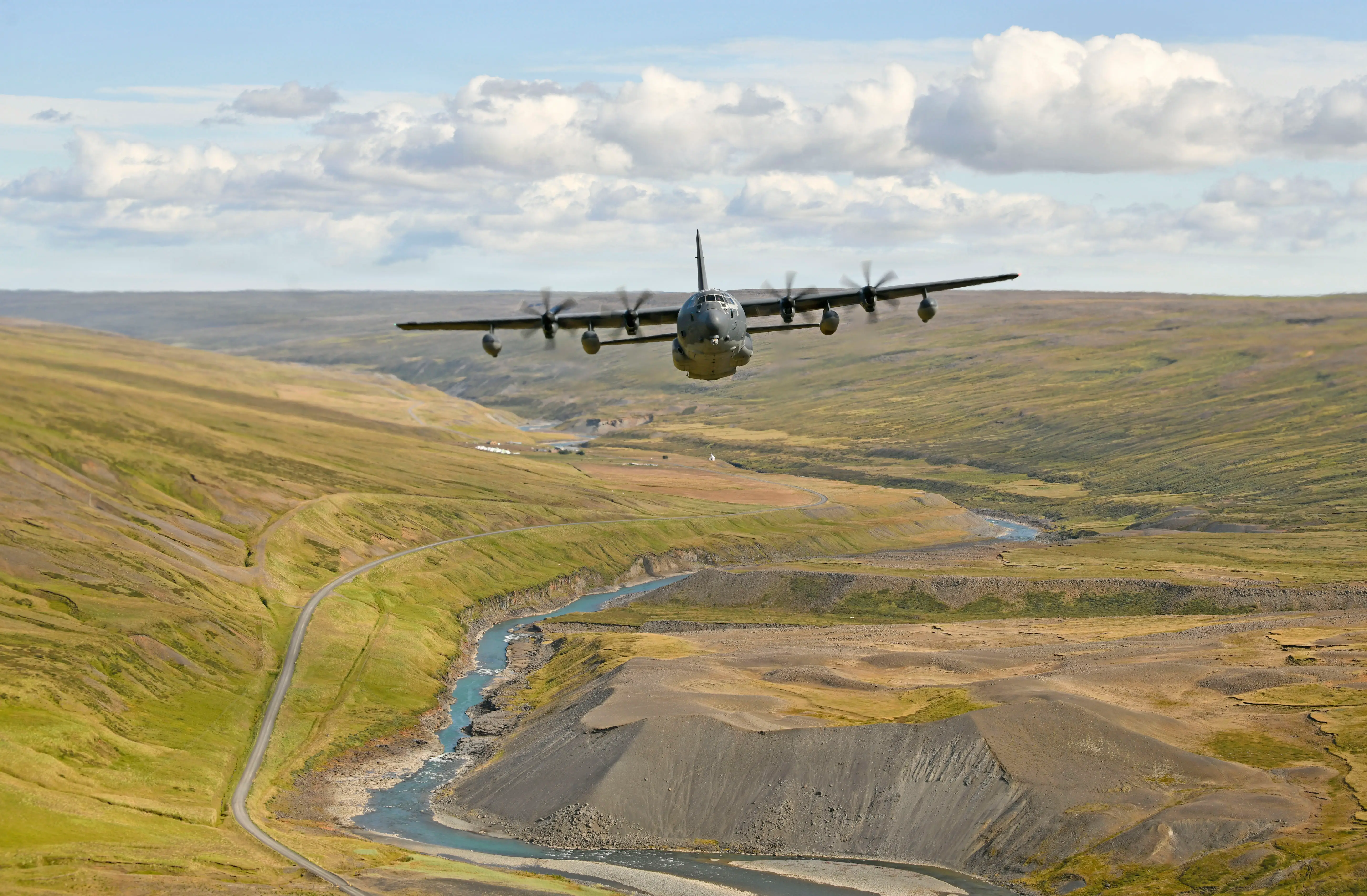 A US Air Force MC-130J aircraft flies above Iceland Aug. 23, 2026.