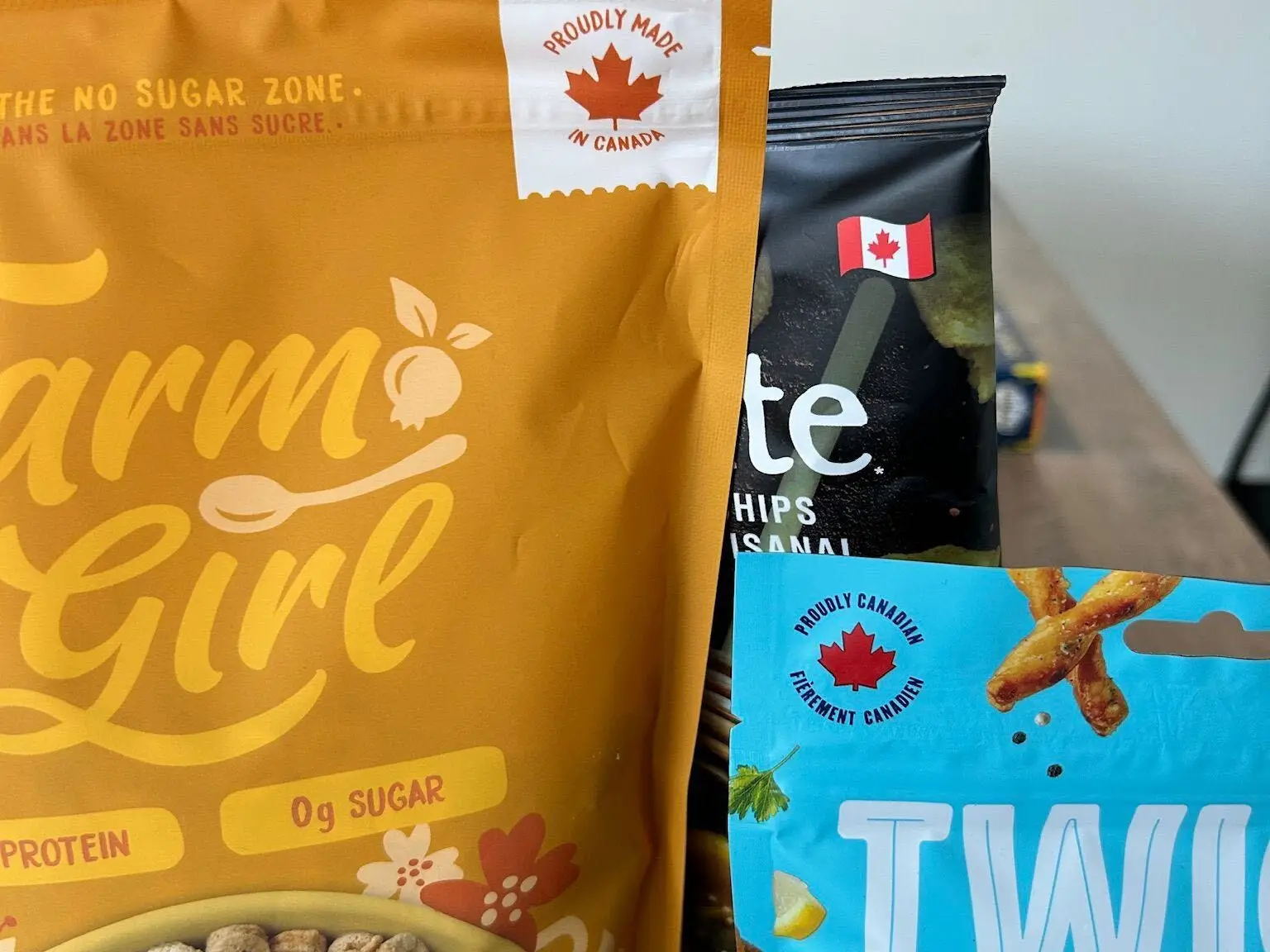 Canadian products Farm Girl cereal, Twigz pretzels