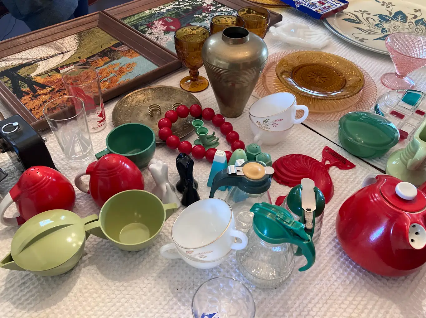 a table filled with vintage items
