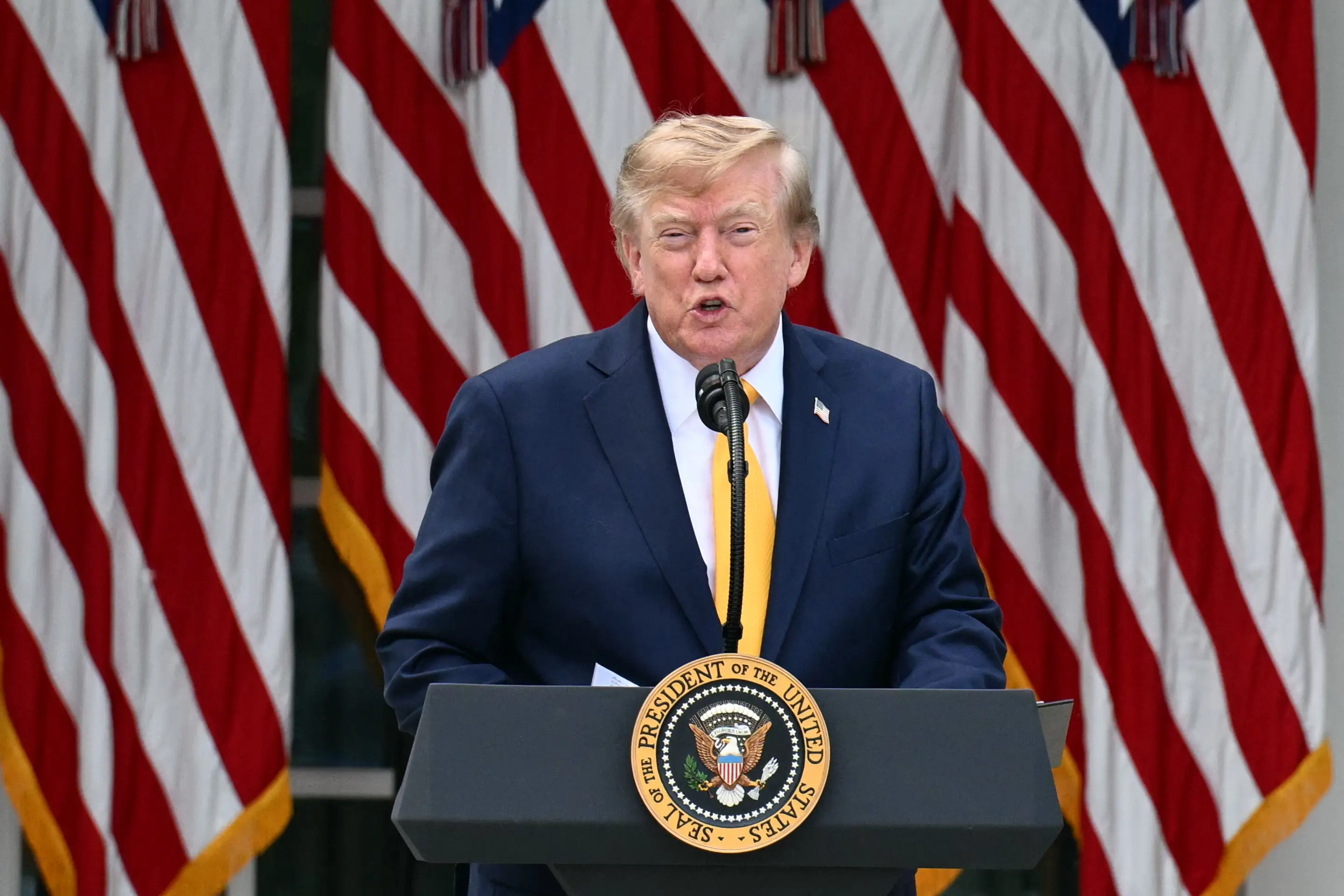 President Donald Trump speaking at a lectern in front of a row of American flags.