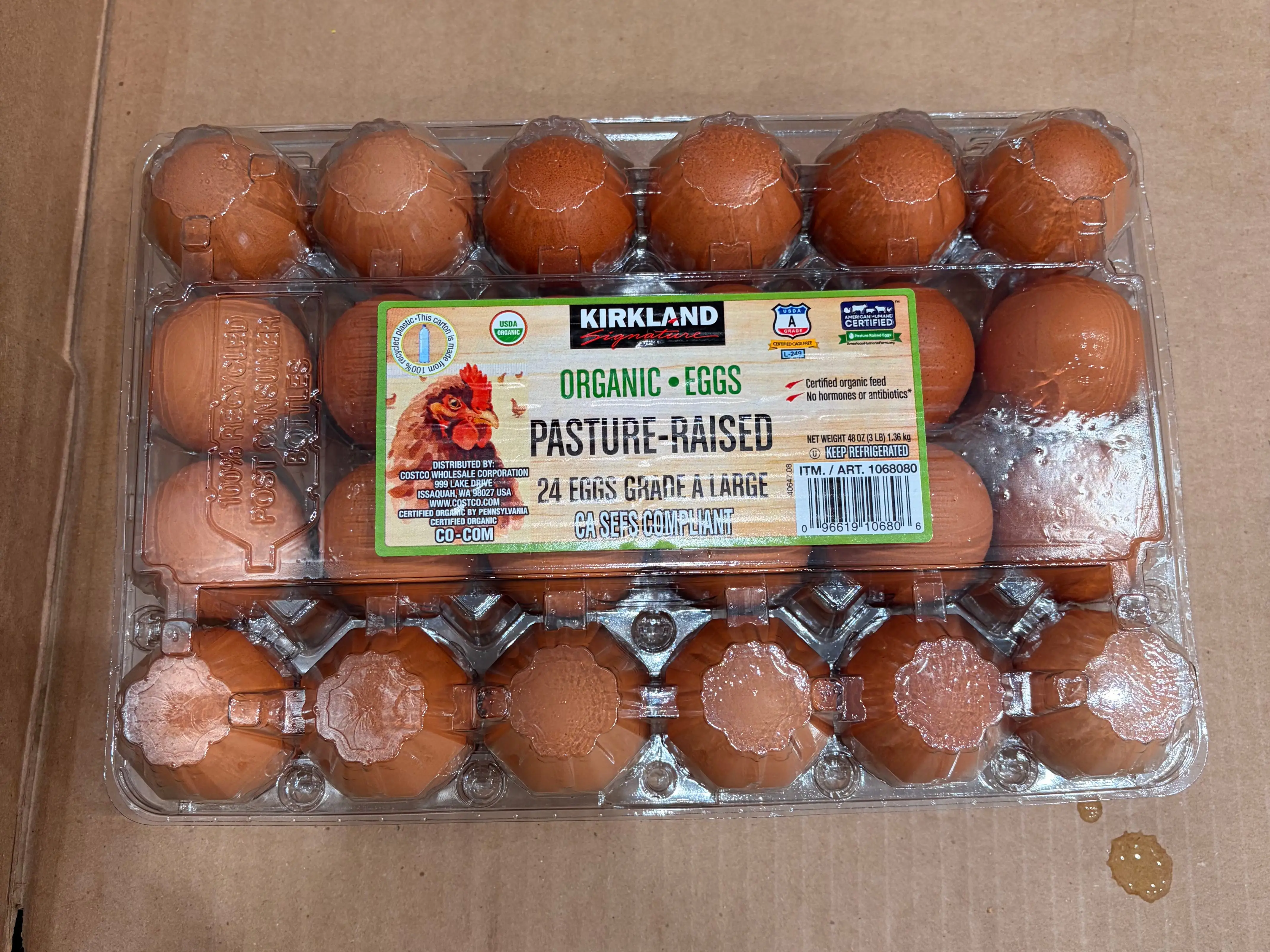 A 24-pack carton of Kirkland Signature eggs.