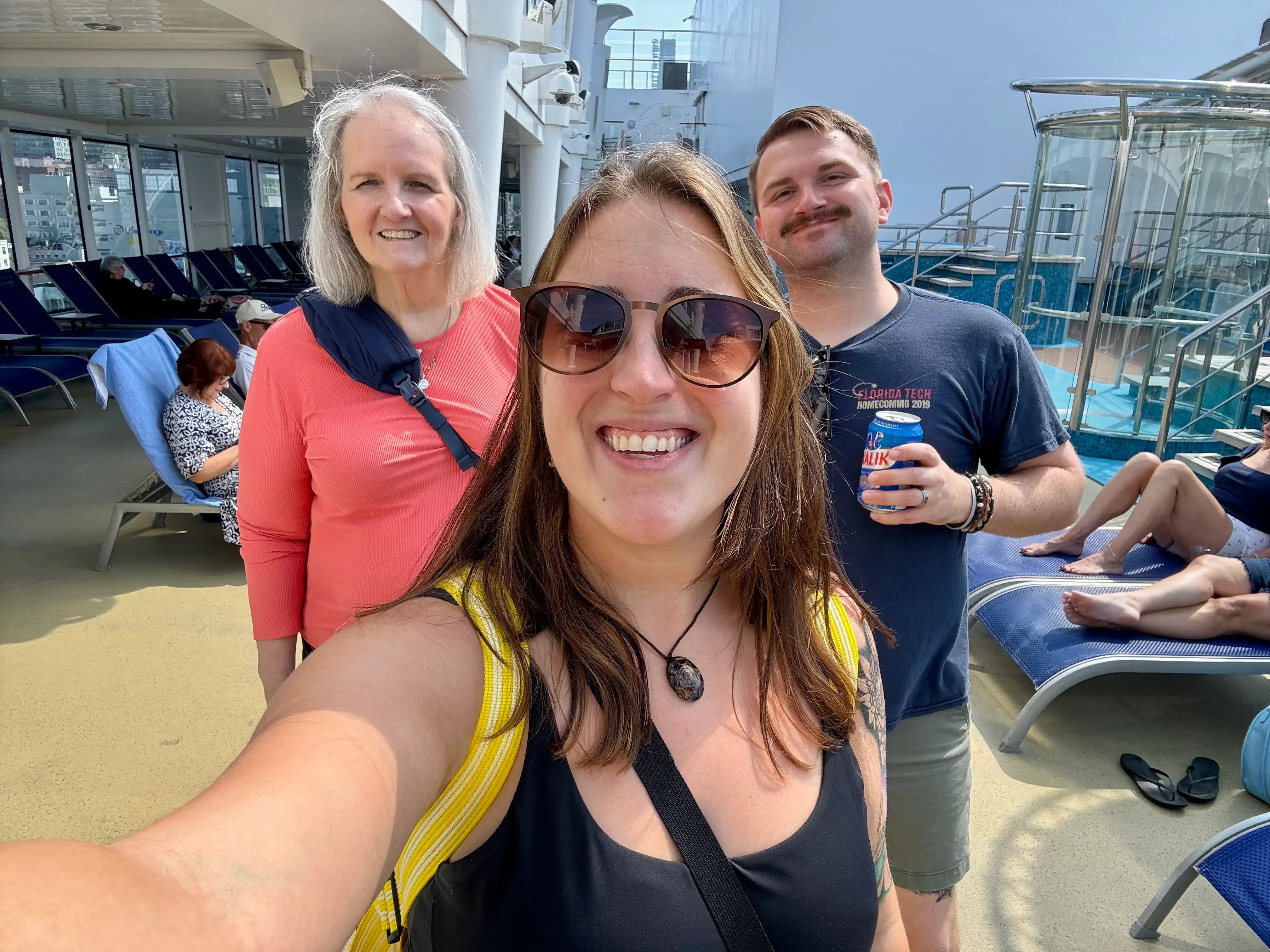 The author, husband, and mom on a cruise ship.