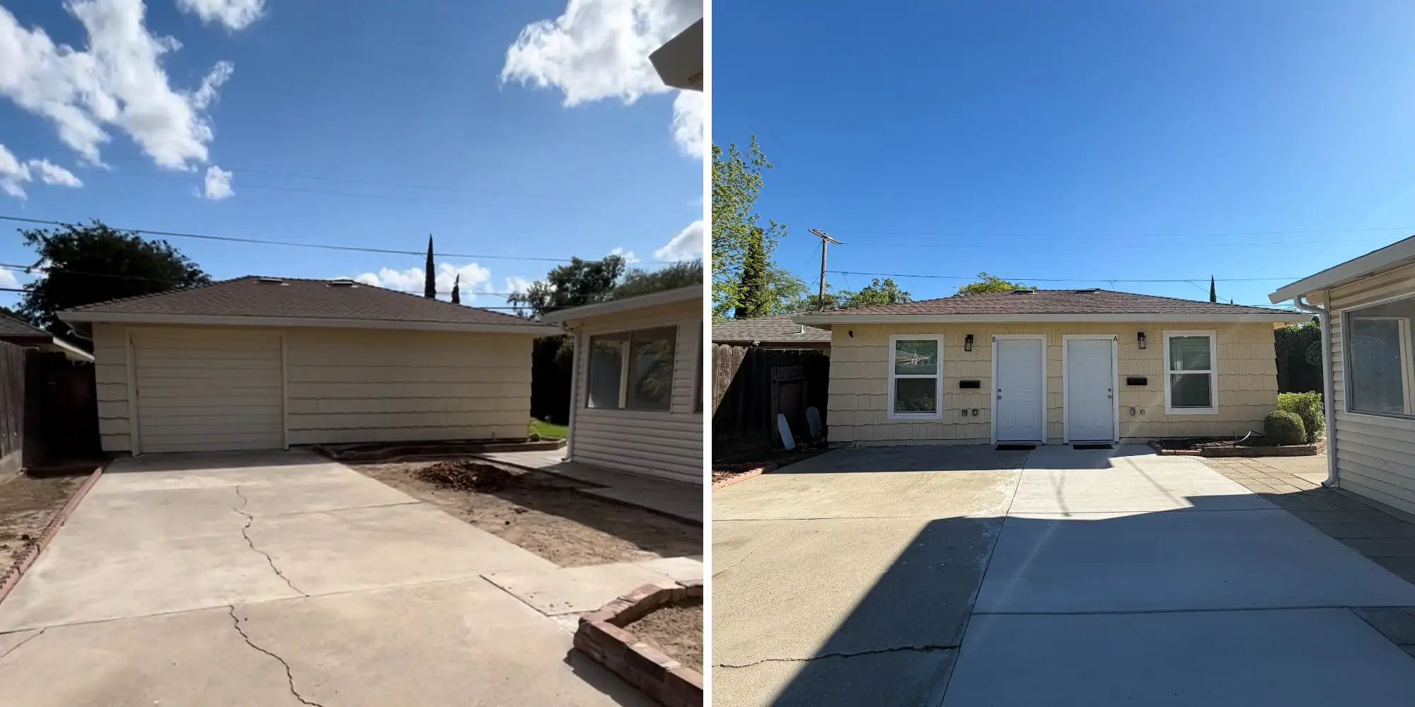 Side-by-side view of a residential driveway and detached backyard building under a clear blue sky.