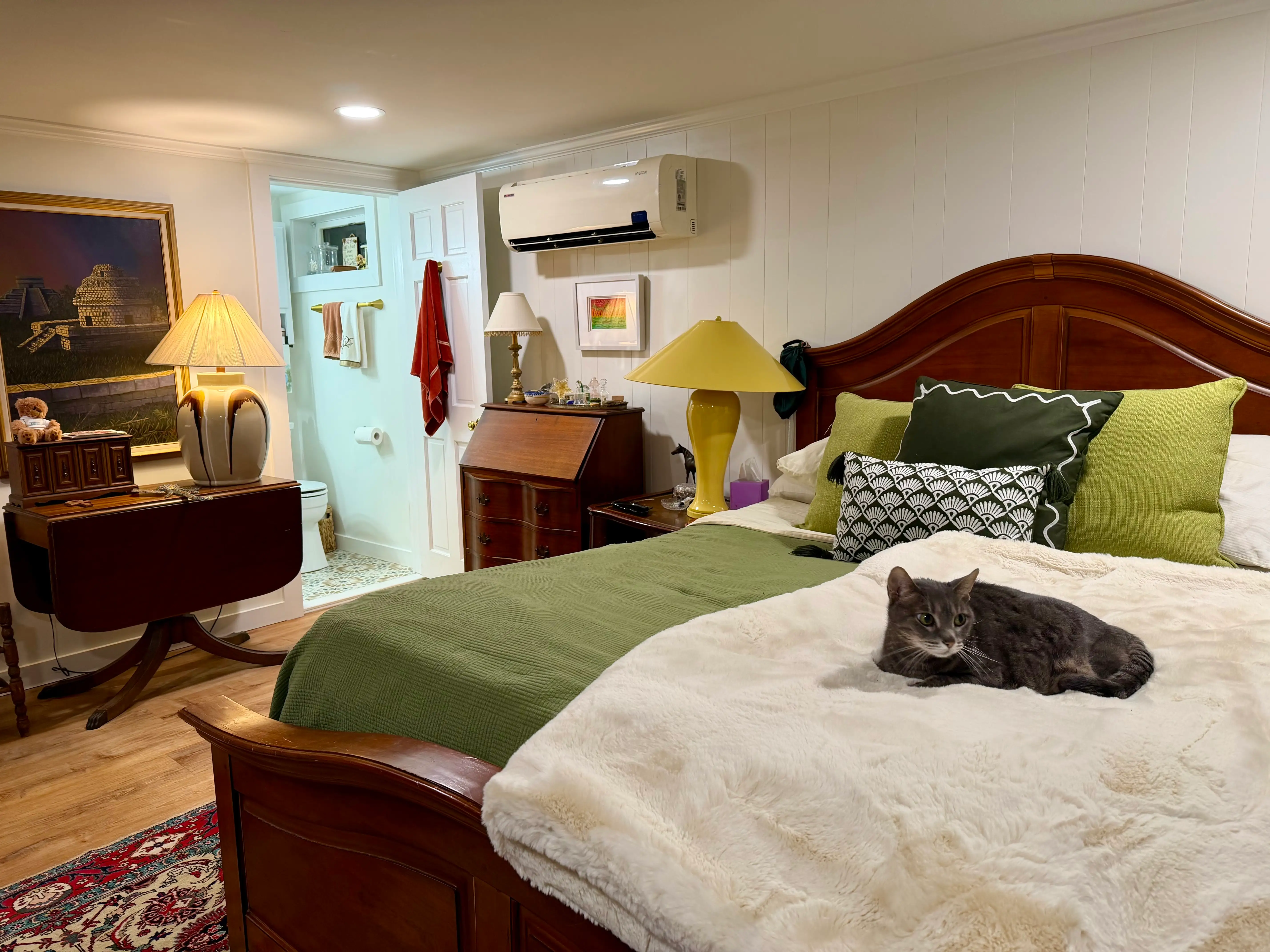 The bedroom with a cat on the bed.