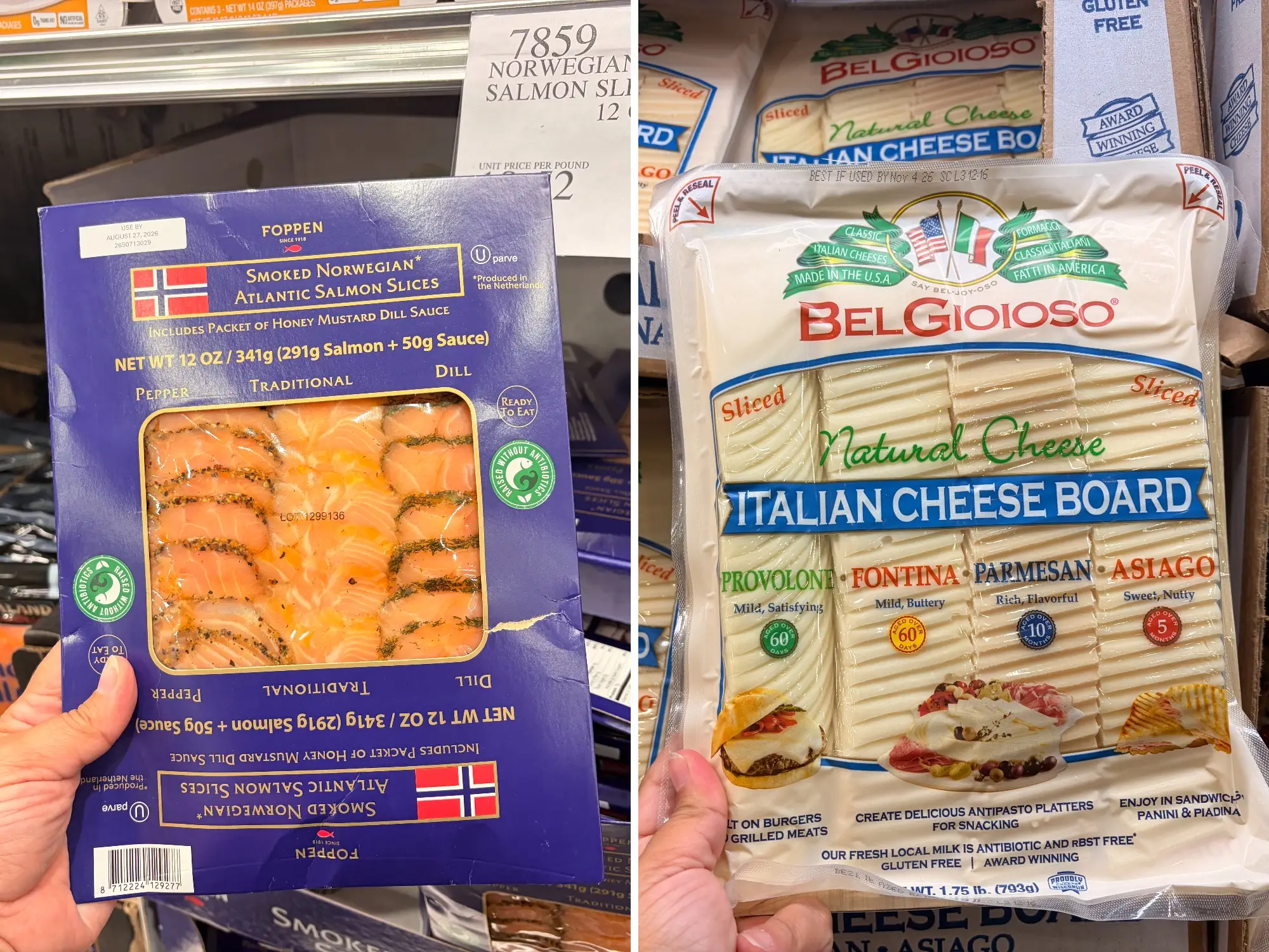 A composite image of a hand holding a container of Poppen smoked Norwegian Atlantic salmon slices, and a hand holding a multipack of BelGioioso cheeses.