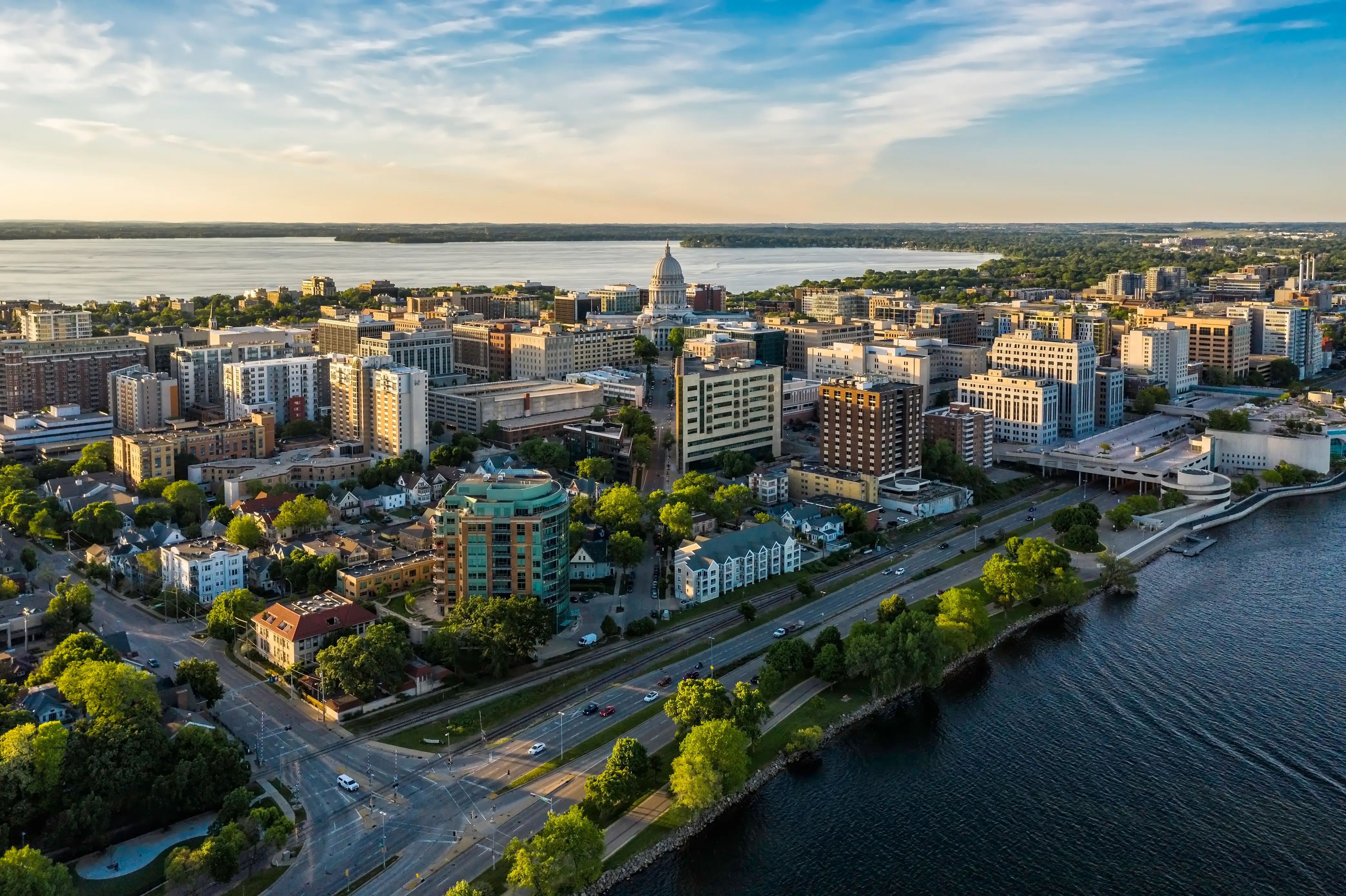 Aerial view of downtown Madison with the Wisconsin State Capitol.