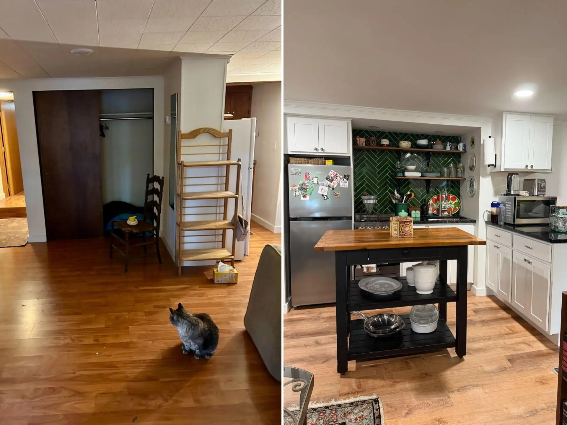 Before and after pictures of the kitchen and closet space.