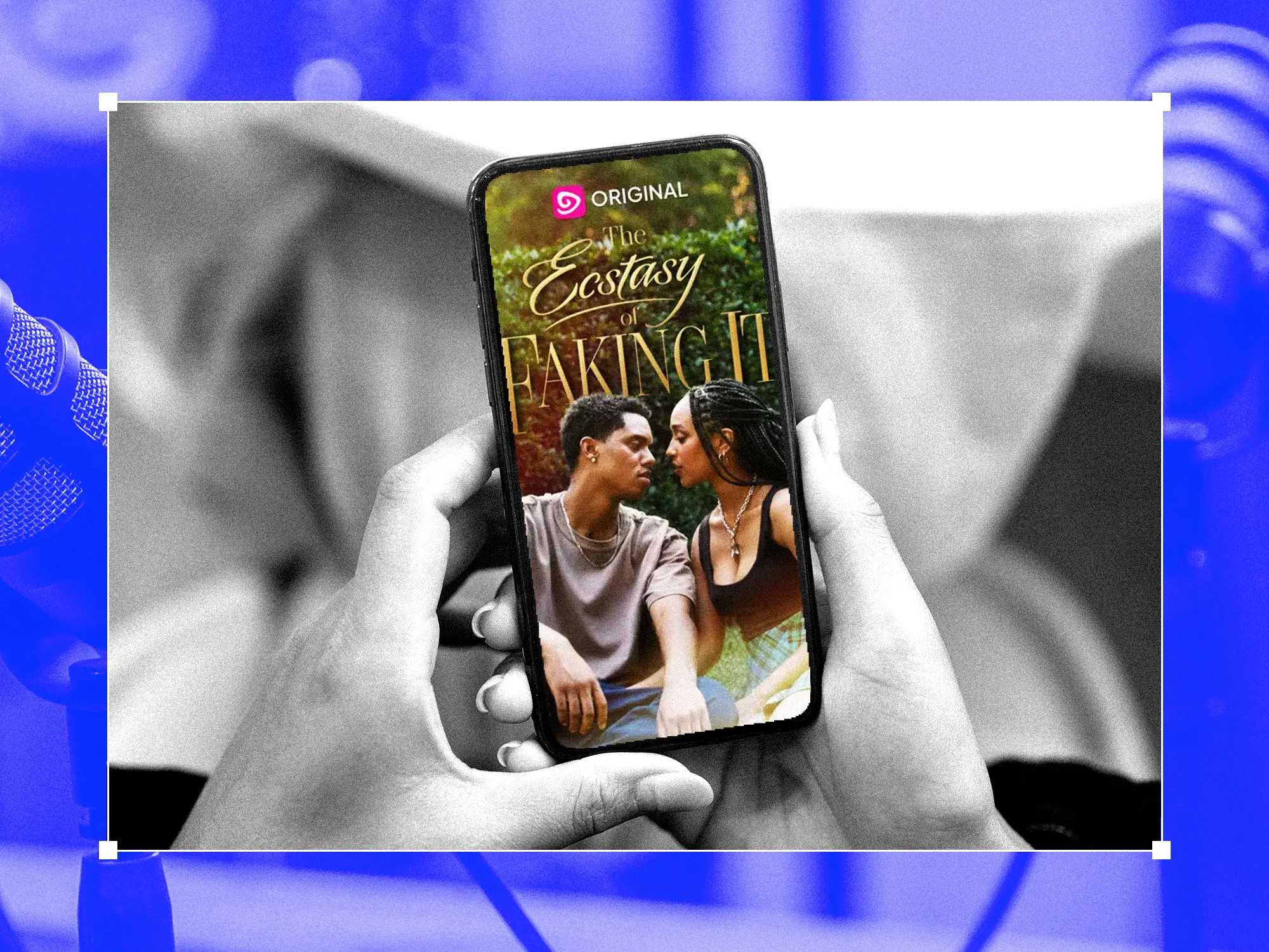A photo treatment featuring hands holding a phone displaying a Micro-drama from Candy Jar