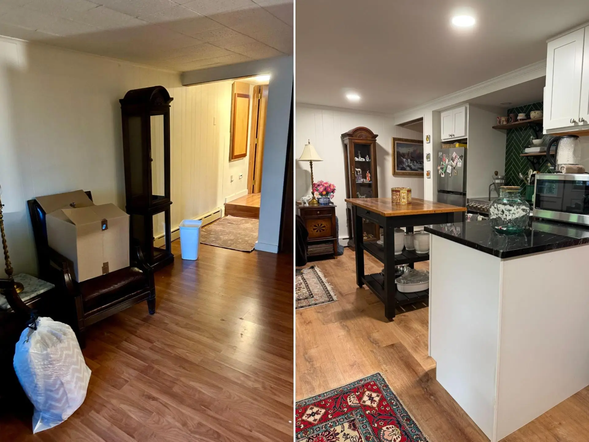 Before and after photos of the kitchen.