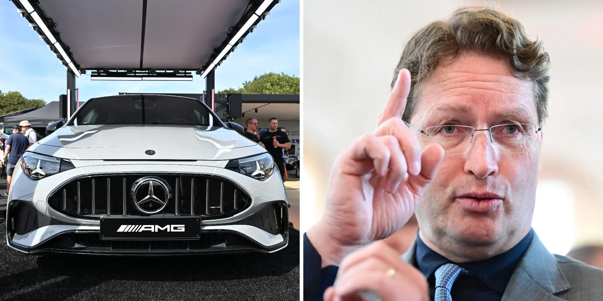 Left: A gray 2027 Mercedes-Benz AMG CLA 45. Right: CEO Ola Källenius points upward.