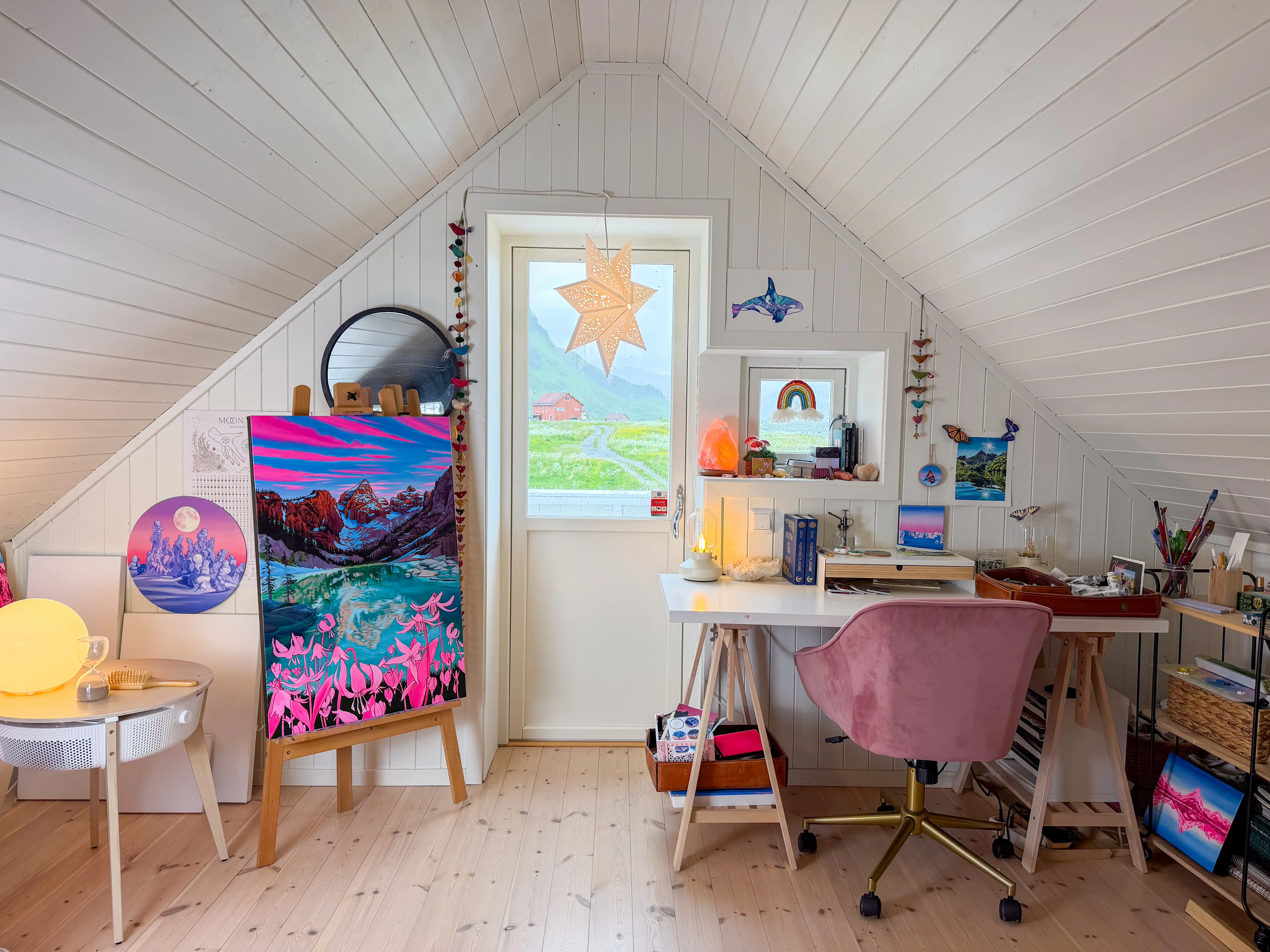 Art studio with white wood walls