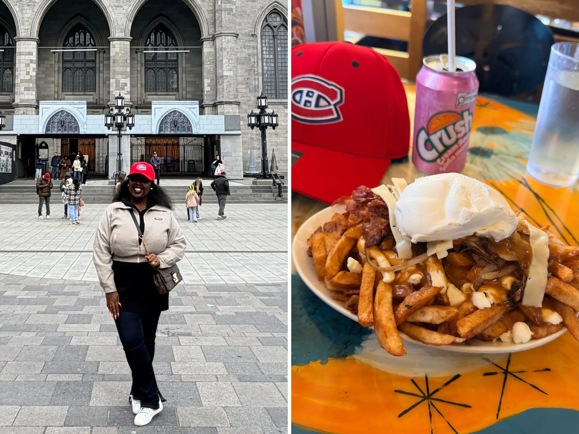 composite image, on the left is the author in Montreal wearing a red hat, khaki jacket, and black pants, and on the right is a table with a red hat, can of Crush soda, and plate of poutine