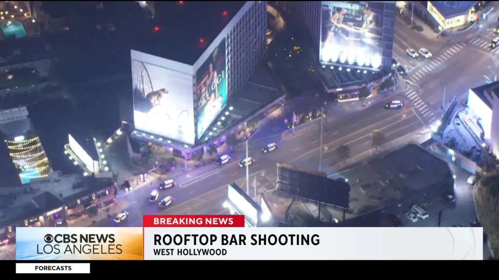 Aerial view of the 8400 block of W. Sunset Boulevard at night with multiple police cars lining the street below commercial buildings.