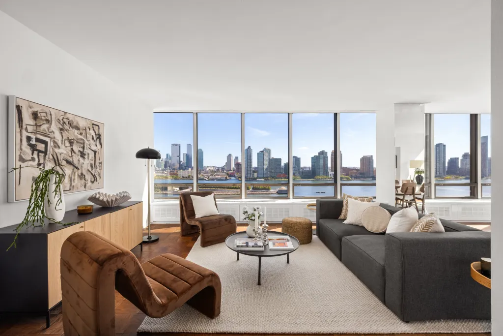 Rectangular windows frame the city.