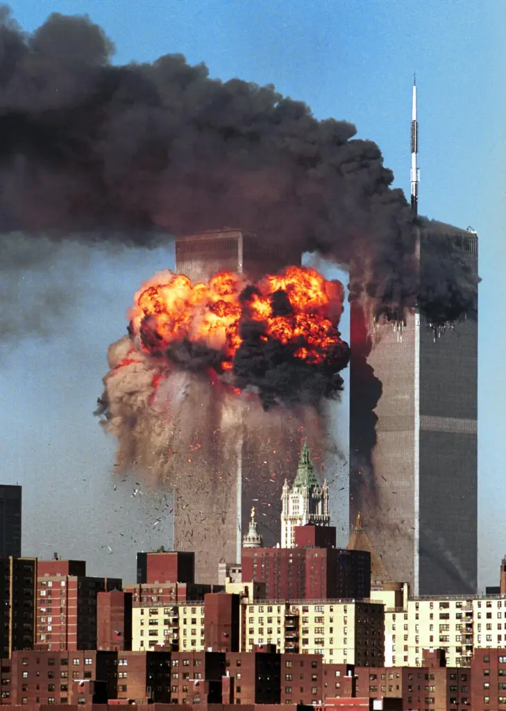 The second plane impacts the World Trade Center during the terrorist attack on September 11, 2001.