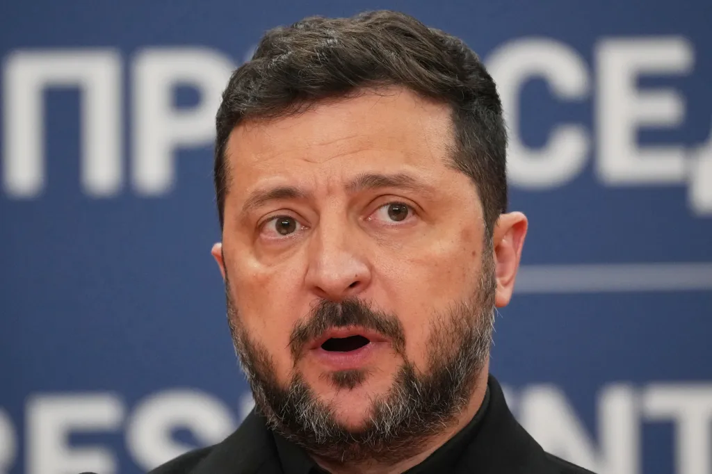 Ukraine's President Volodymyr Zelensky speaks during a press conference with his Serbian counterpart Aleksandar Vucic at the Serbia Palace, in Belgrade, Serbia, Saturday, Aug. 8, 2026.