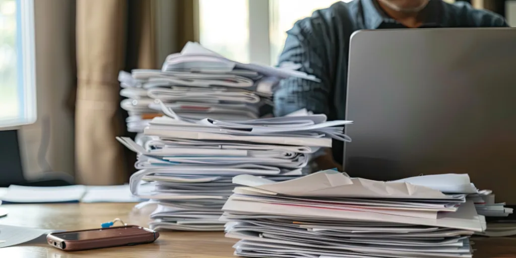 A person working on a laptop with a pile of documents on the desk.