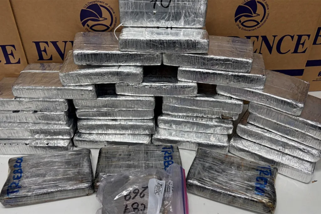 Large quantities of seized drugs, packaged in rectangular blocks wrapped in silver and clear plastic, with some labeled as 