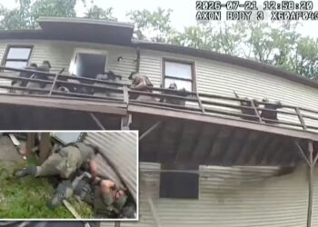 Harrowing video shows US Marshals plunge several feet when deck collapses at home of convicted sex offender